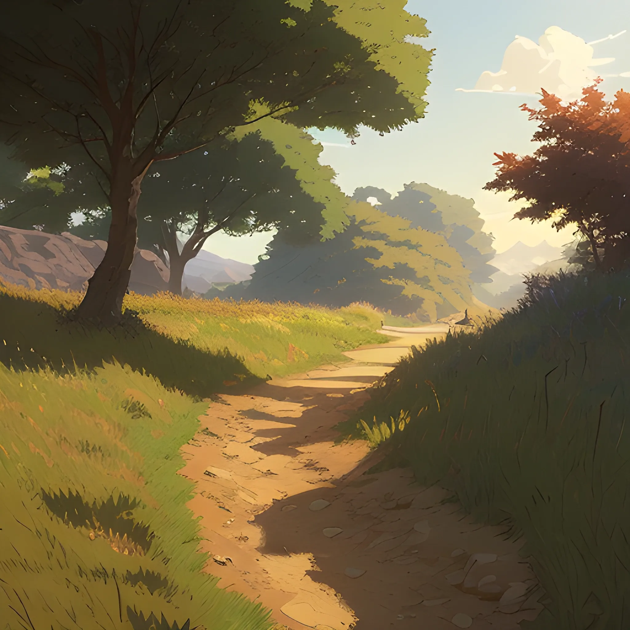 a dirt path with grasses and fooliage... in the style of makoto shinkai and greg rutkowski and albert bierstadt and james gurney, Cartoon