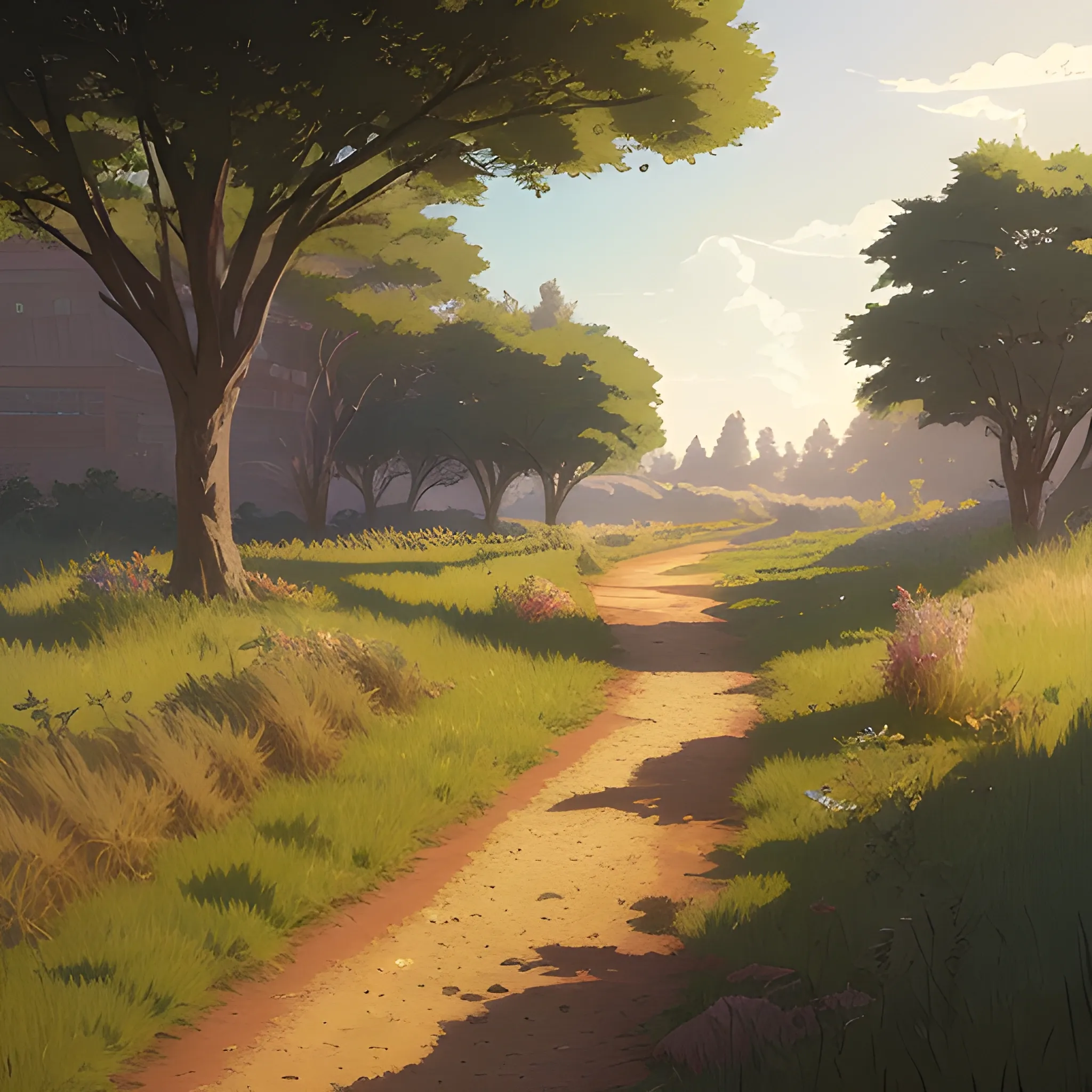 a dirt path with grasses and fooliage... in the style of makoto shinkai and greg rutkowski and albert bierstadt and james gurney, Cartoon