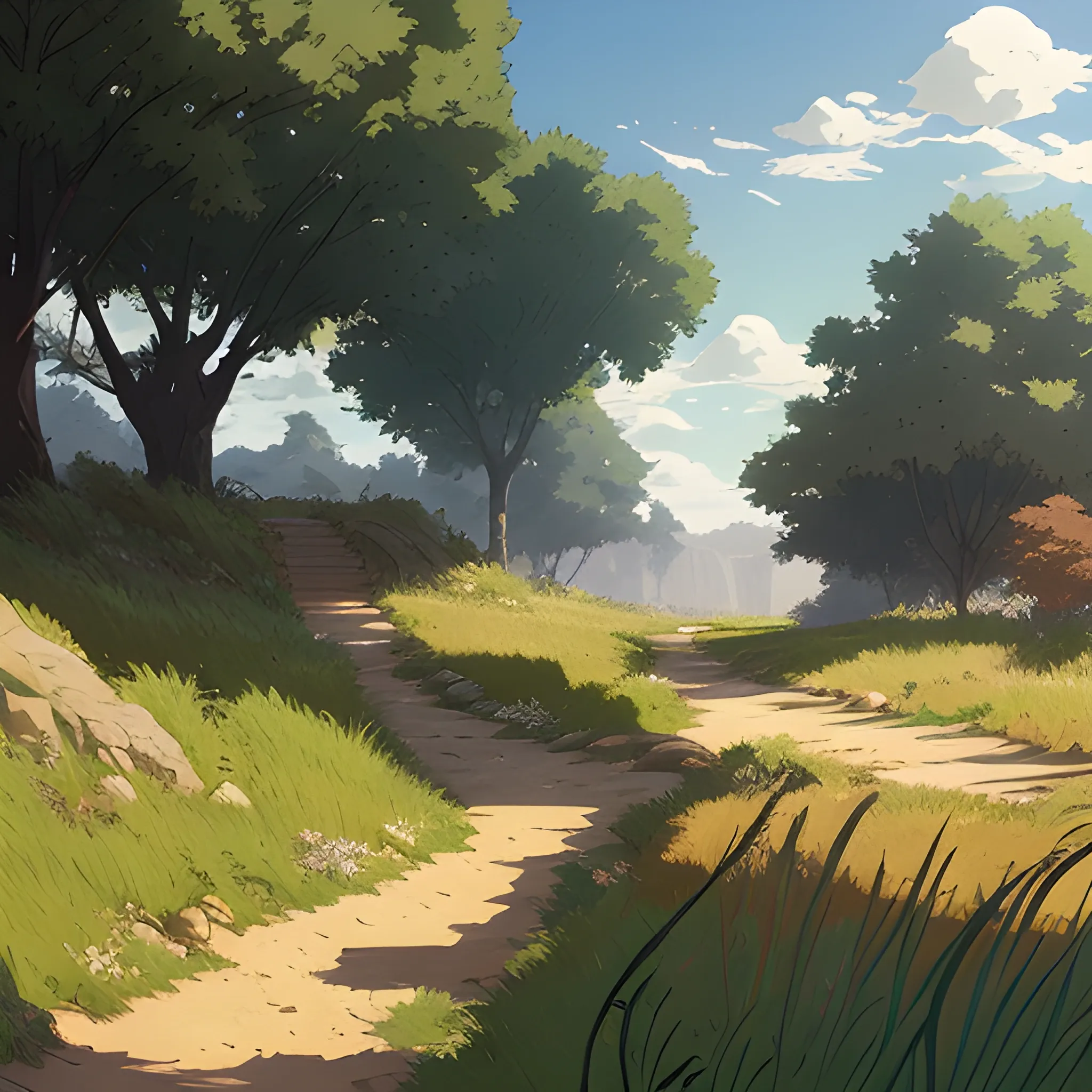 a dirt path with grasses and fooliage... in the style of makoto shinkai and greg rutkowski and albert bierstadt and james gurney, Cartoon