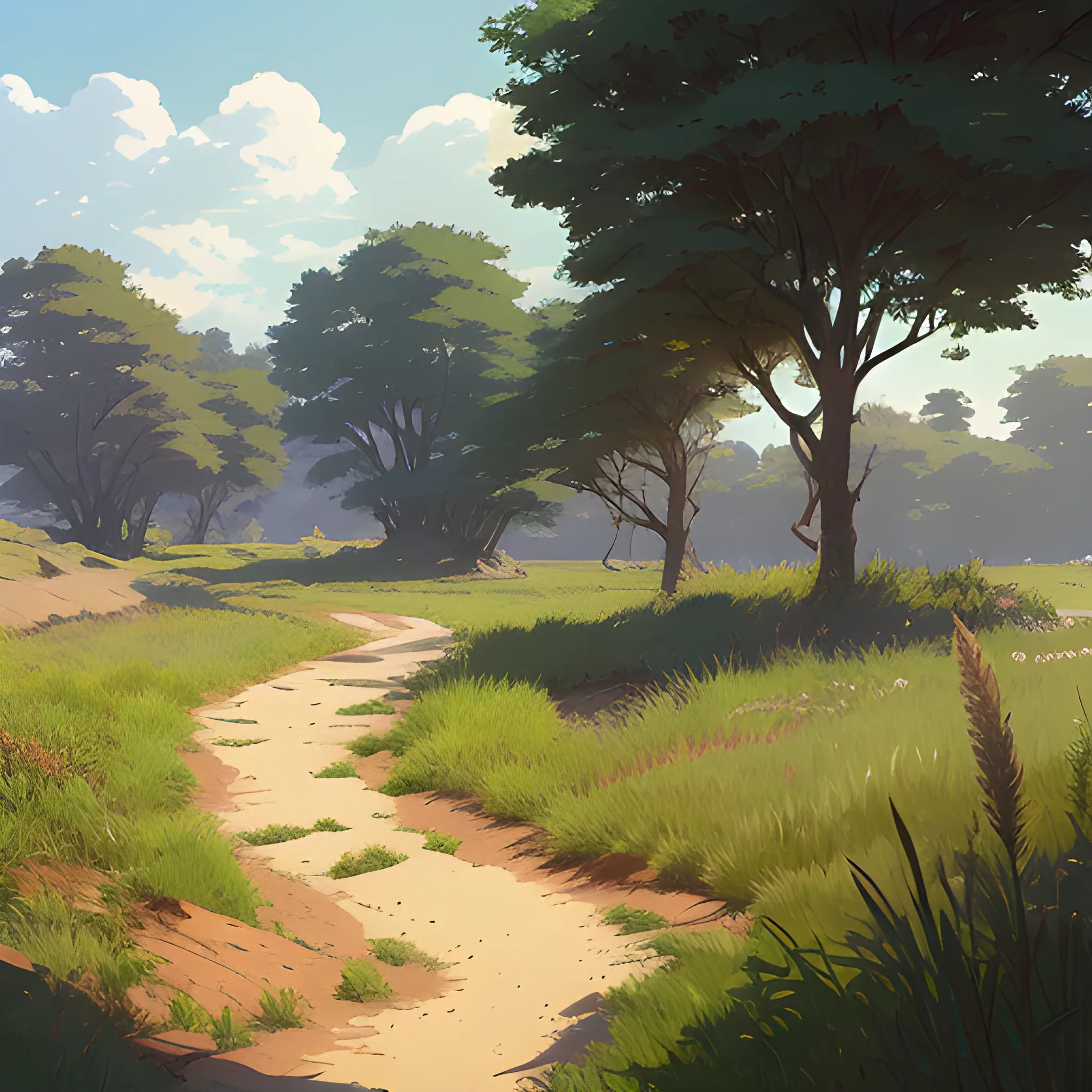 a dirt path with grasses and fooliage... in the style of makoto shinkai and greg rutkowski and albert bierstadt and james gurney, Cartoon