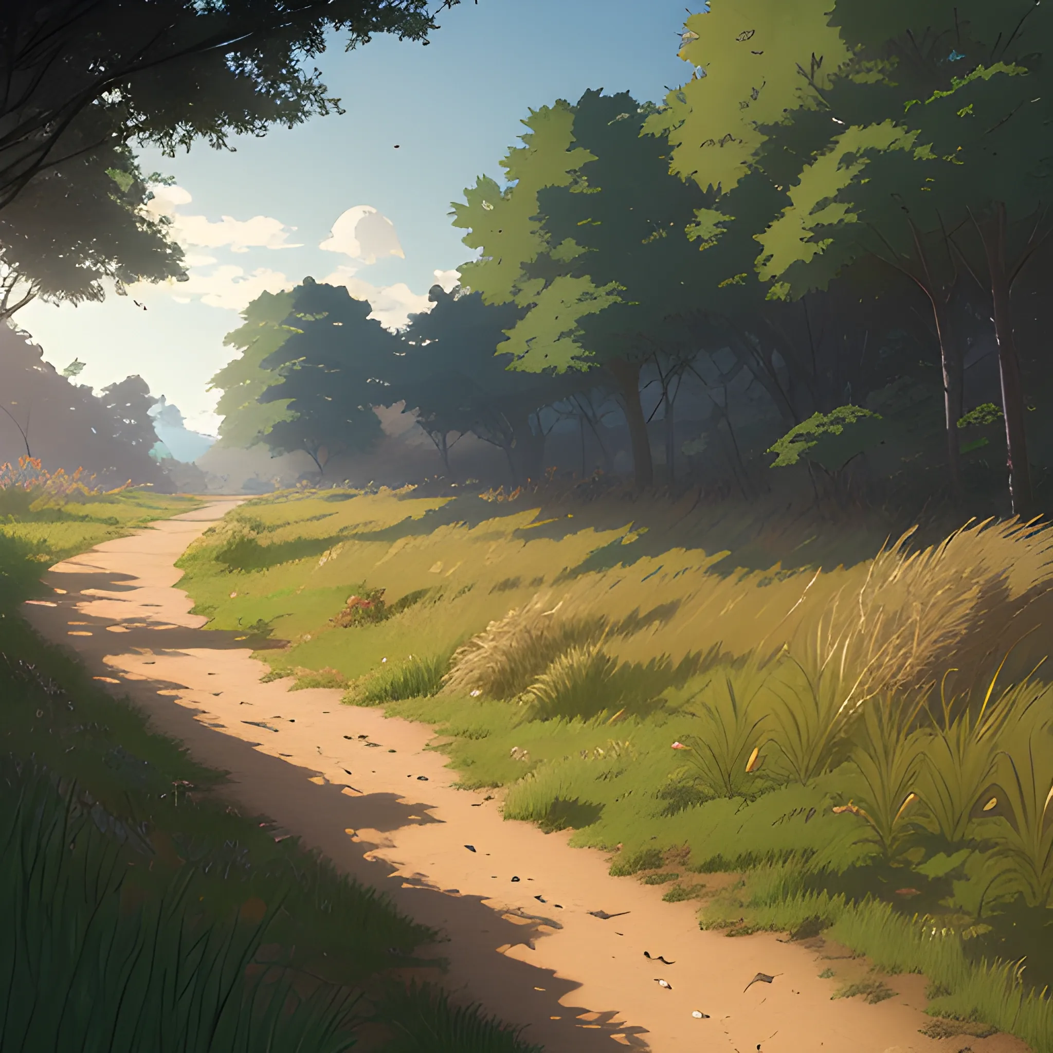 a dirt path with grasses and fooliage... in the style of makoto shinkai and greg rutkowski and albert bierstadt and james gurney, Cartoon