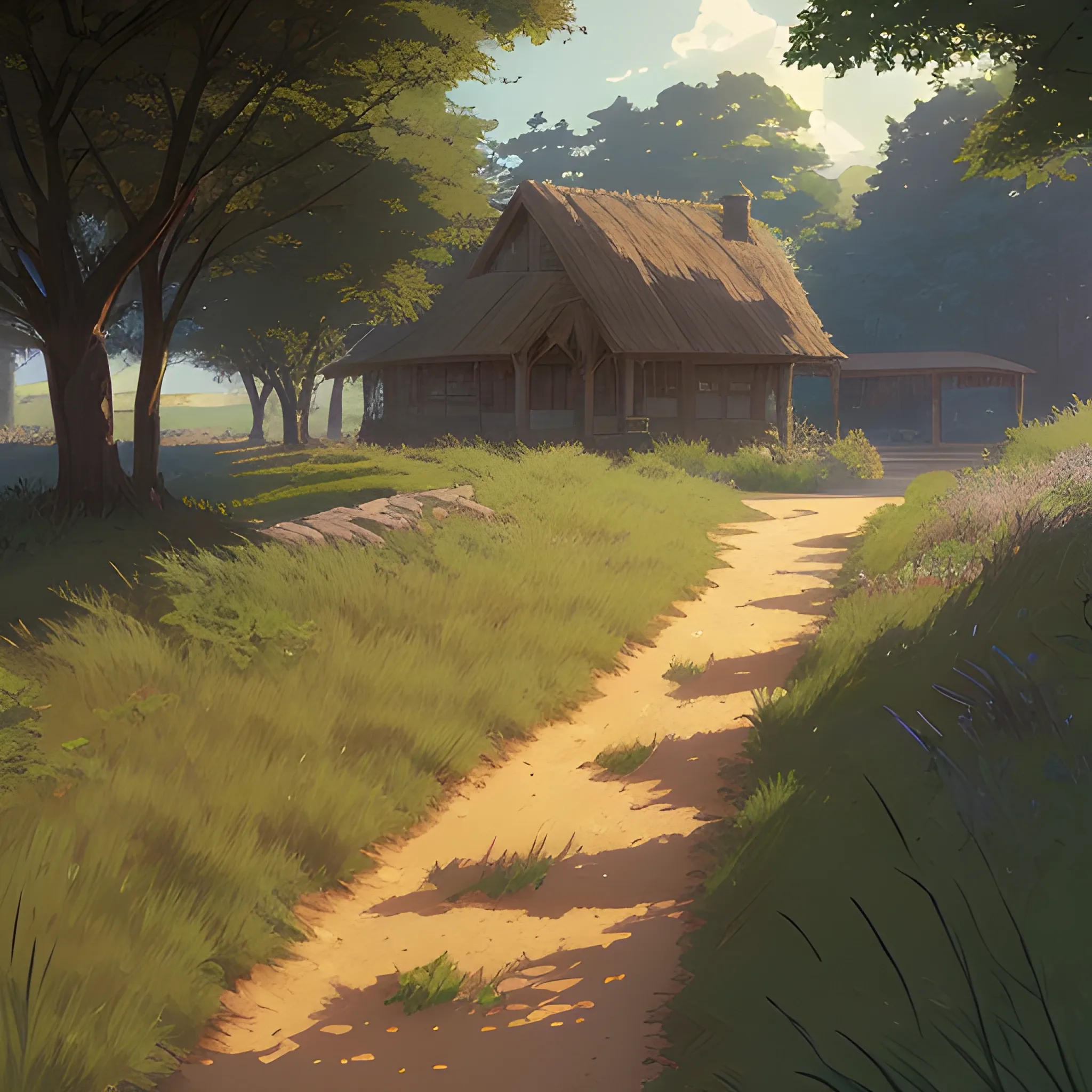 a dirt path with grasses and fooliage... in the style of makoto shinkai and greg rutkowski and albert bierstadt and james gurney, Cartoon