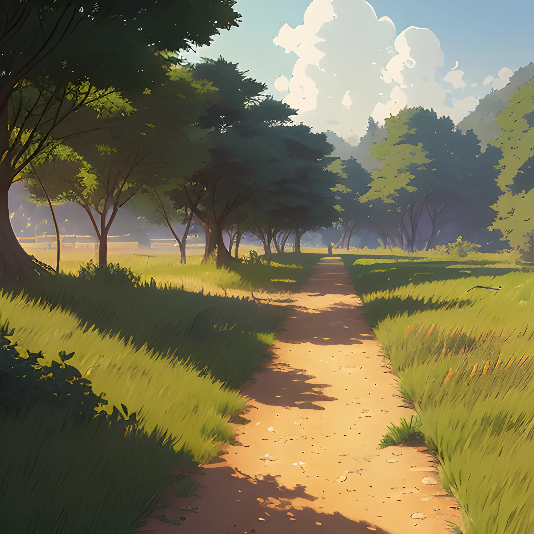 a dirt path with grasses and fooliage... in the style of makoto shinkai and greg rutkowski and albert bierstadt and james gurney, Cartoon