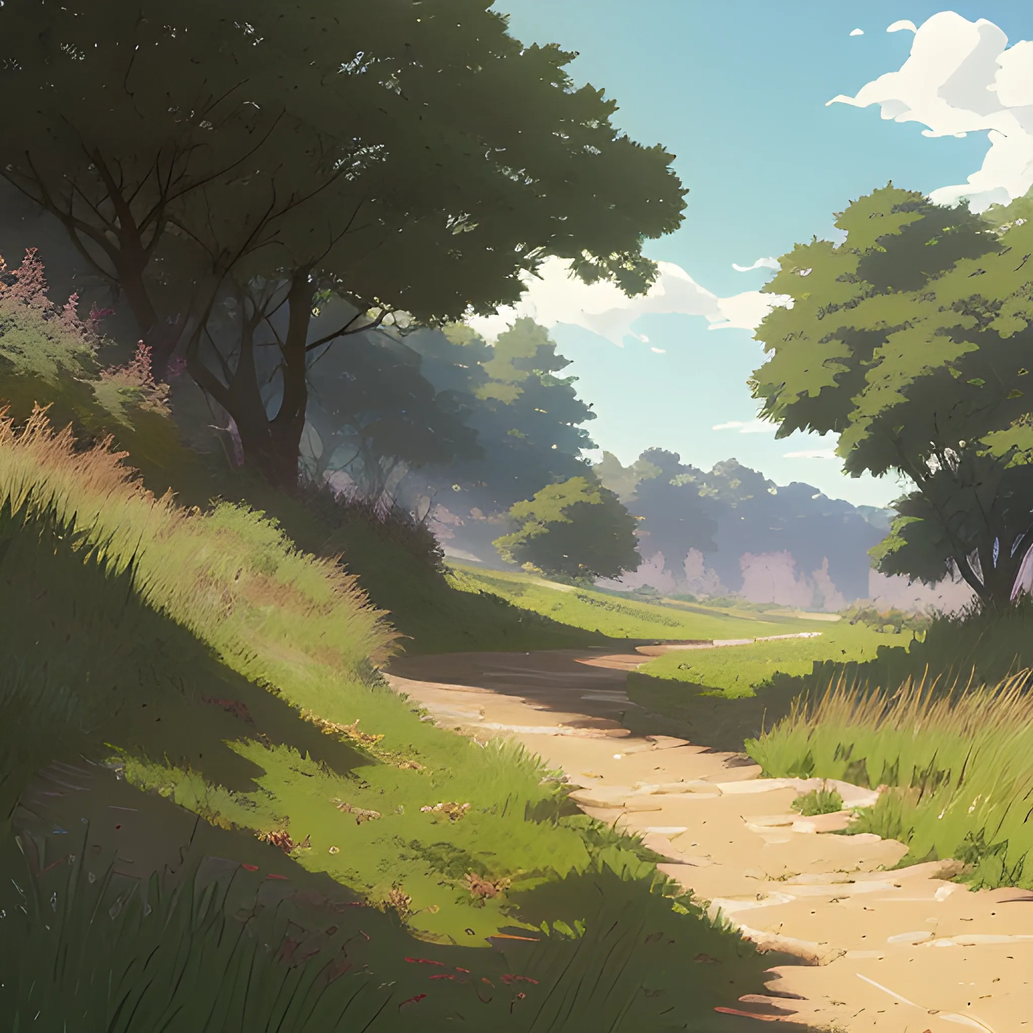 a dirt path with grasses and fooliage... in the style of makoto shinkai and greg rutkowski and albert bierstadt and james gurney, Cartoon