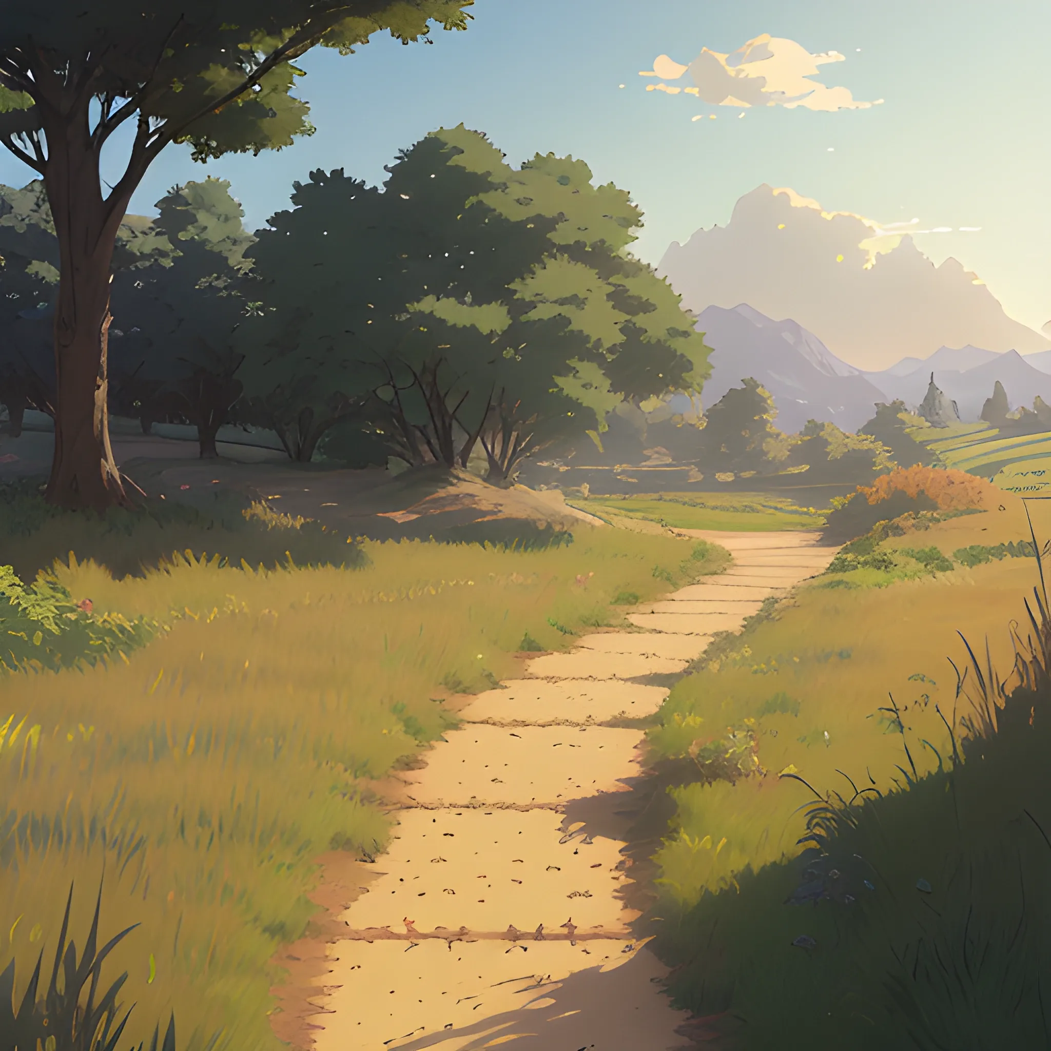 a dirt path with grasses and fooliage... in the style of makoto shinkai and greg rutkowski and albert bierstadt and james gurney, Cartoon