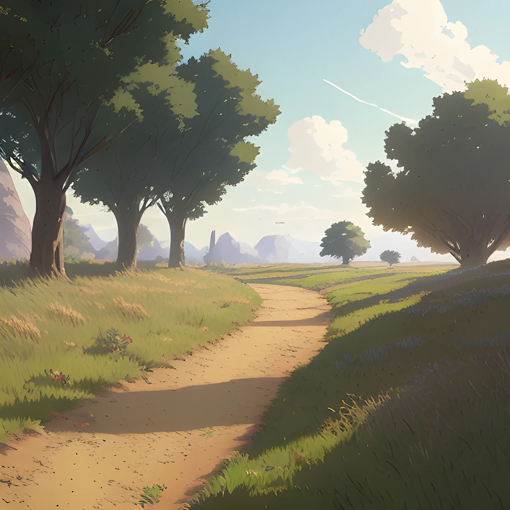 a dirt path with grasses and fooliage... in the style of makoto shinkai and greg rutkowski and albert bierstadt and james gurney, Cartoon