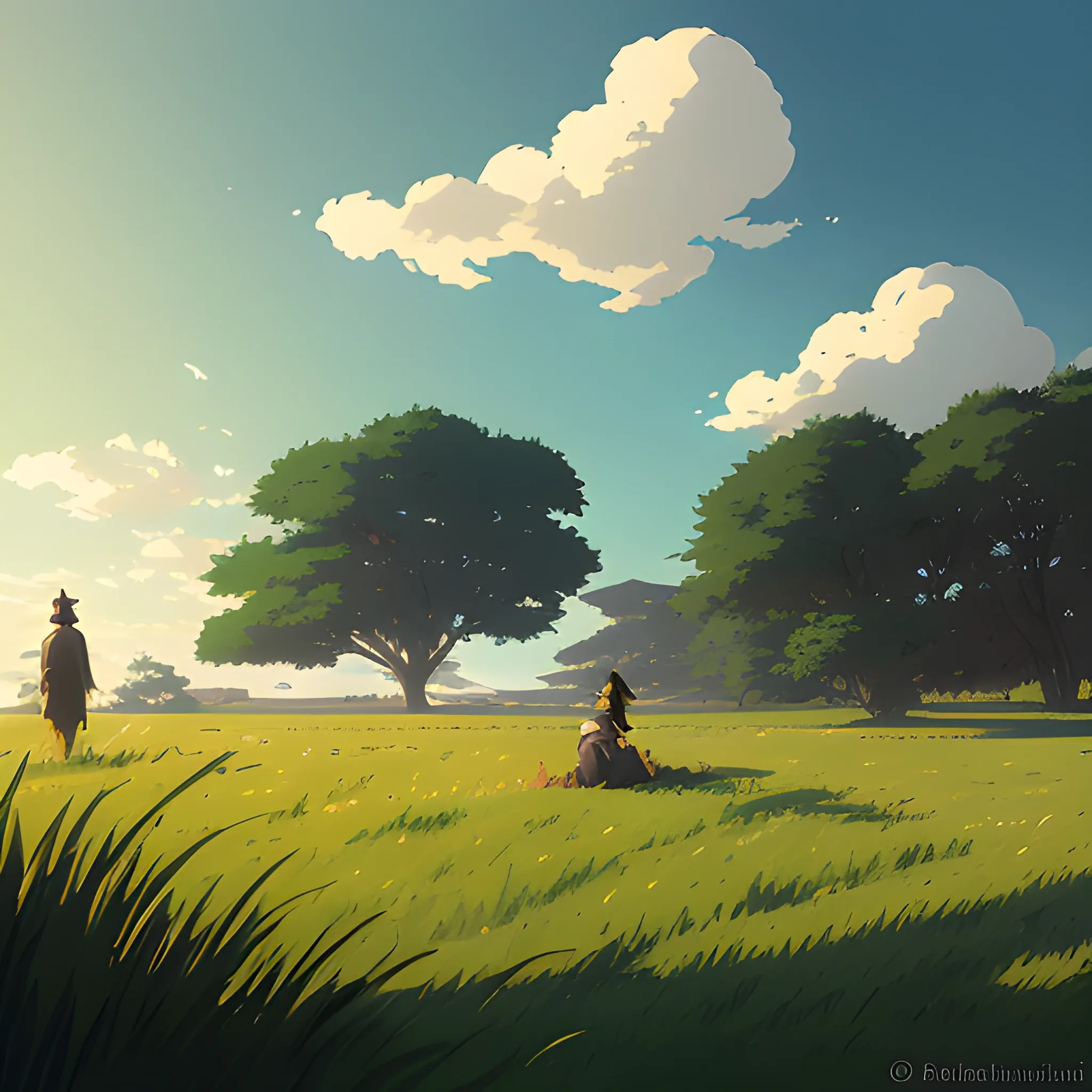 fooliage with grass and sky... in the style of makoto shinkai and greg rutkowski and albert bierstadt and james gurney, Cartoon