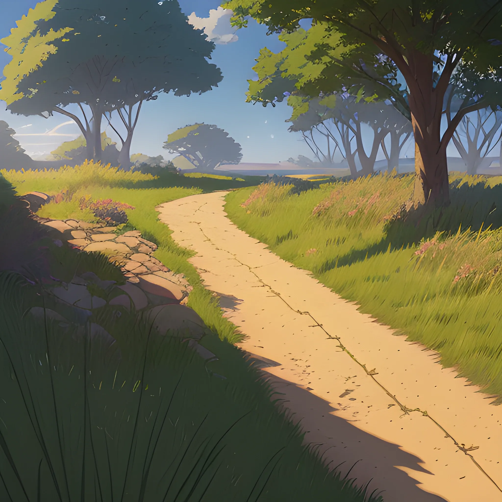 a dirt path with grasses and fooliage... in the style of makoto shinkai and greg rutkowski and albert bierstadt and james gurney, Cartoon