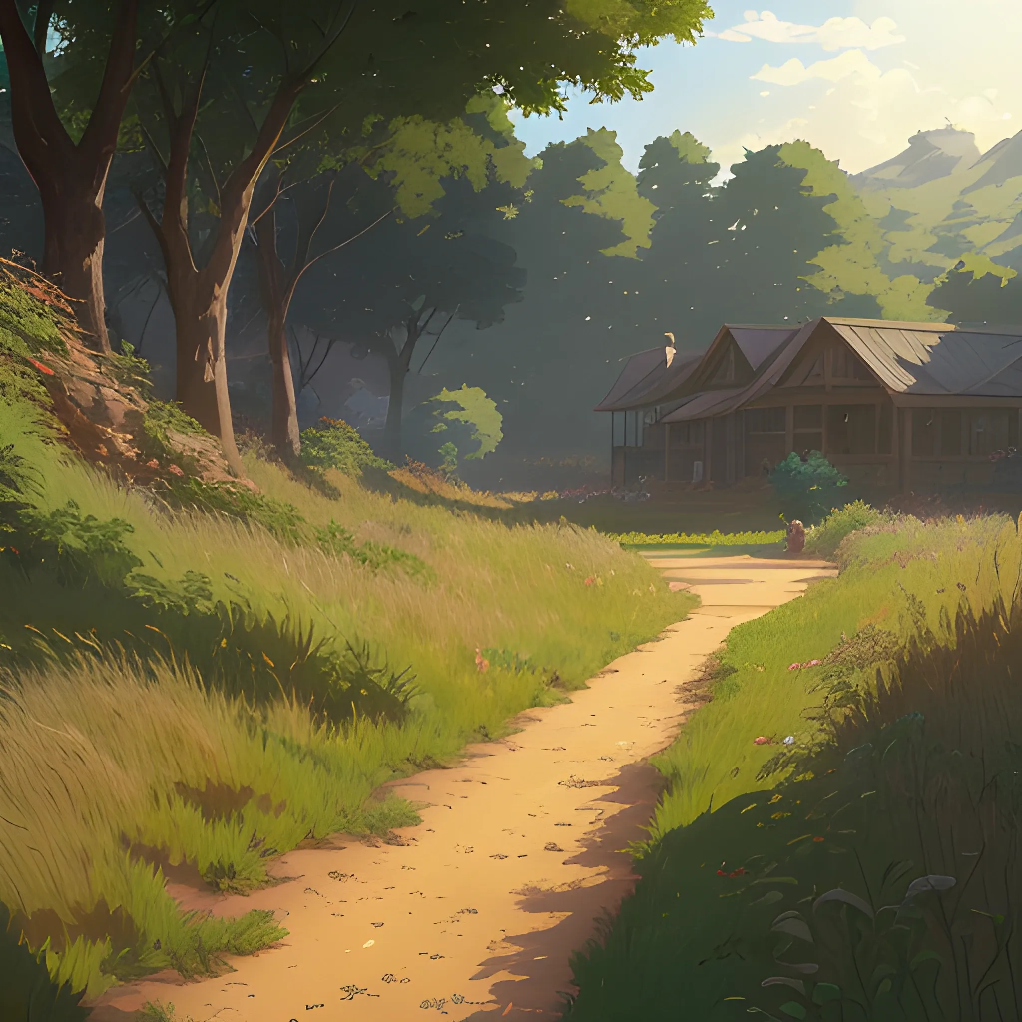 a dirt path with grasses and fooliage... in the style of makoto shinkai and greg rutkowski and albert bierstadt and james gurney, Cartoon