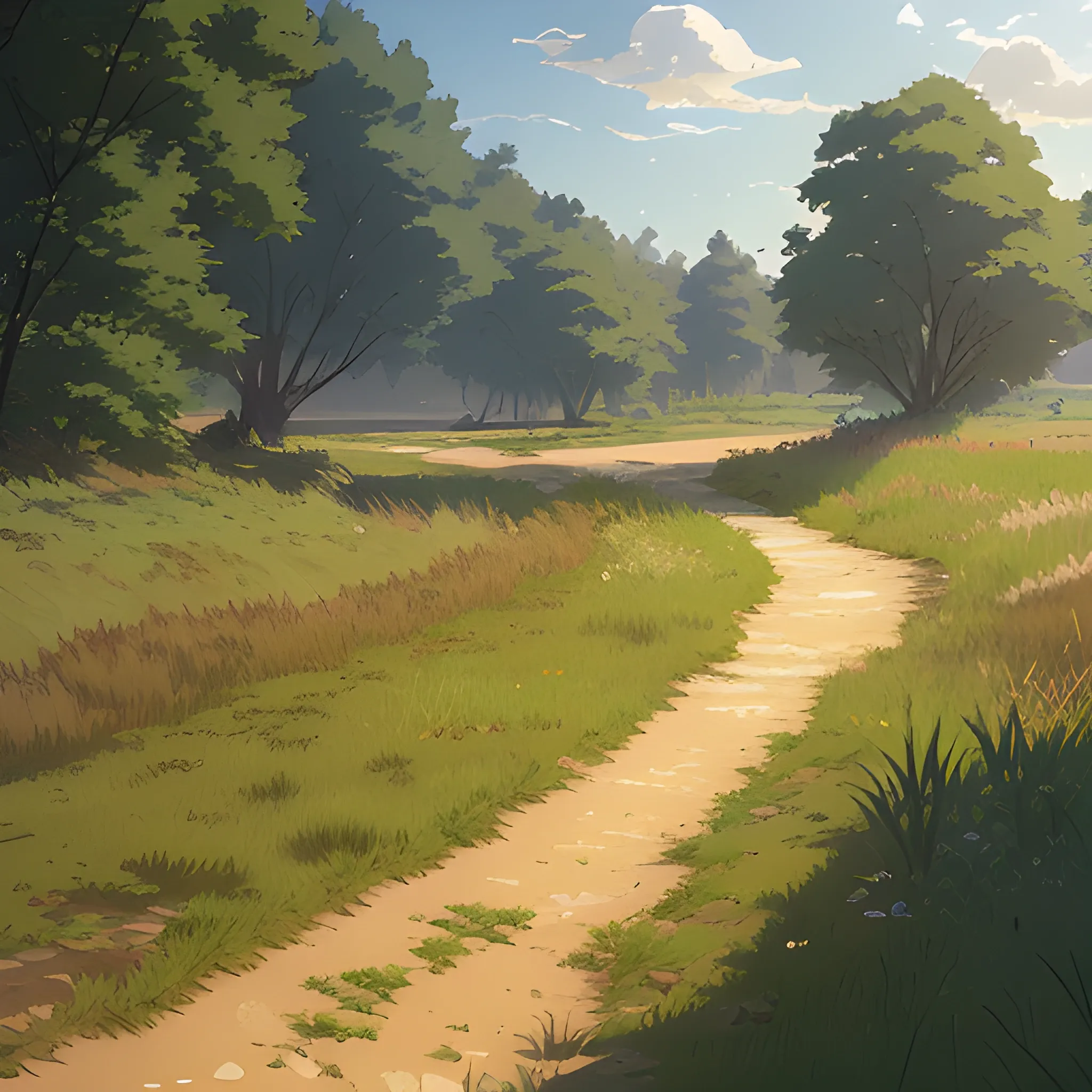 a dirt path with grasses and fooliage... in the style of makoto shinkai and greg rutkowski and albert bierstadt and james gurney, Cartoon