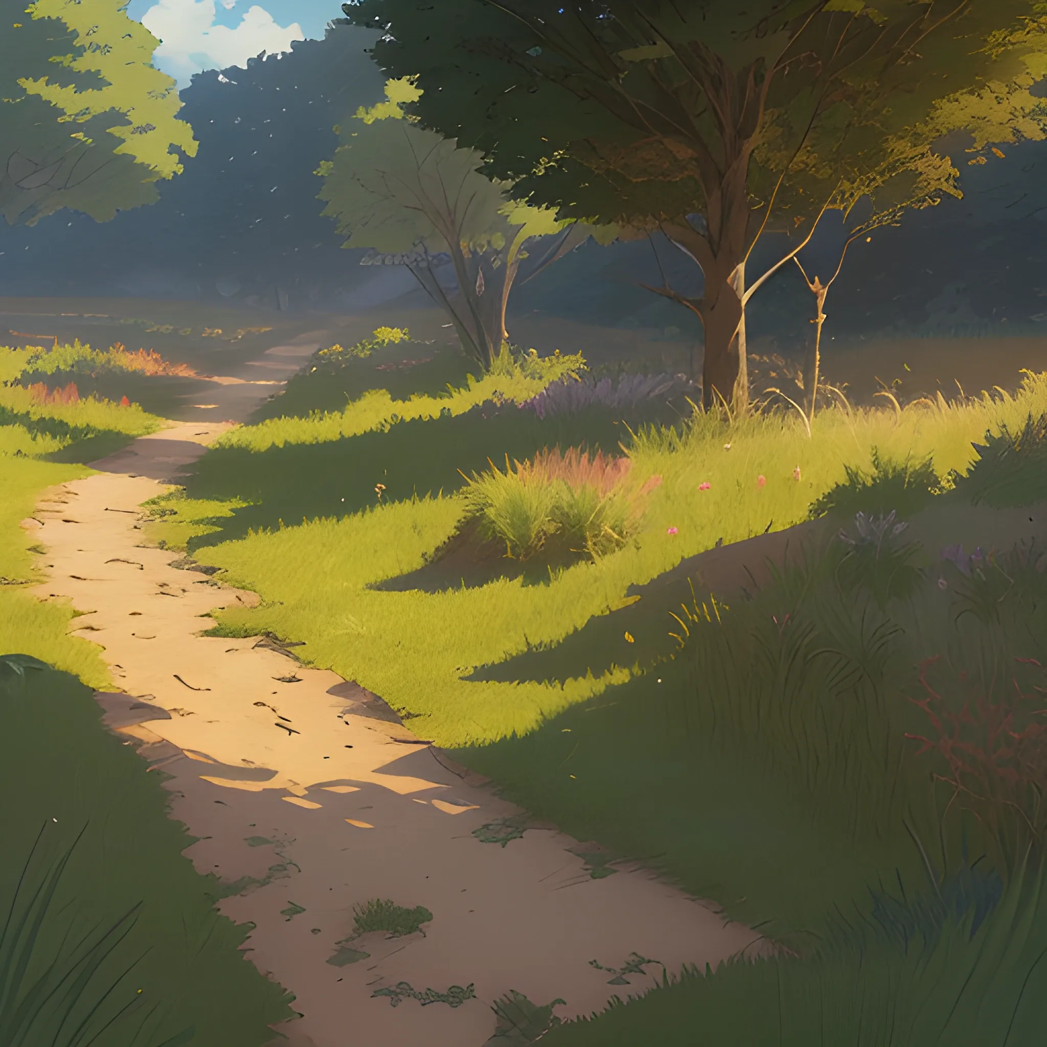 a dirt path with grasses and fooliage... in the style of makoto shinkai and greg rutkowski and albert bierstadt and james gurney, Cartoon