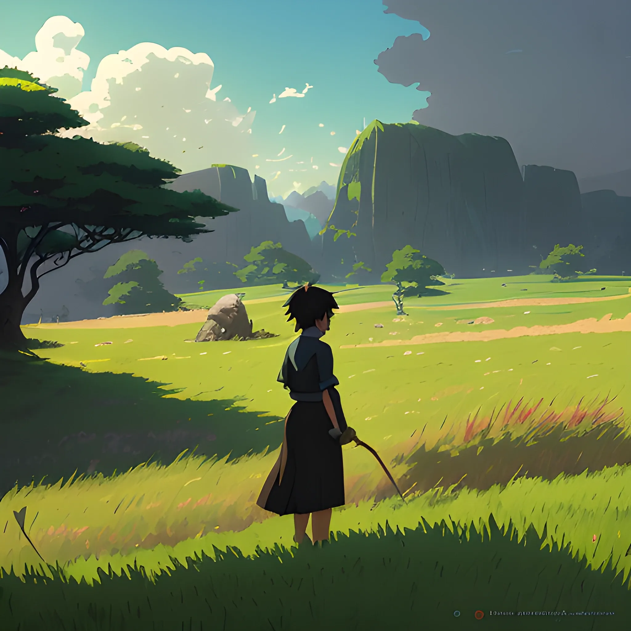 fooliage with grass and sky... in the style of makoto shinkai and greg rutkowski and albert bierstadt and james gurney, Cartoon