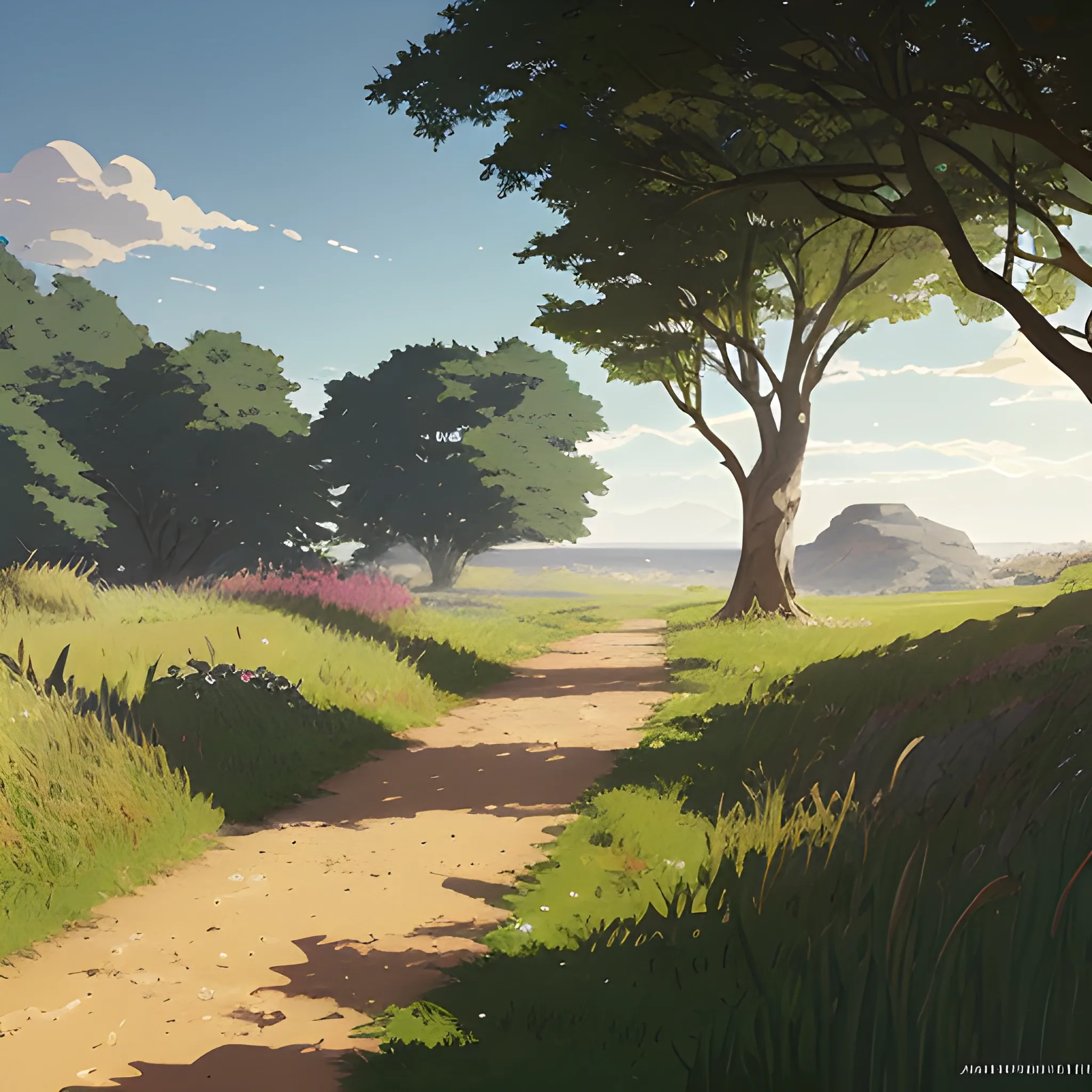 a dirt path with grasses and fooliage... in the style of makoto shinkai and greg rutkowski and albert bierstadt and james gurney, Cartoon