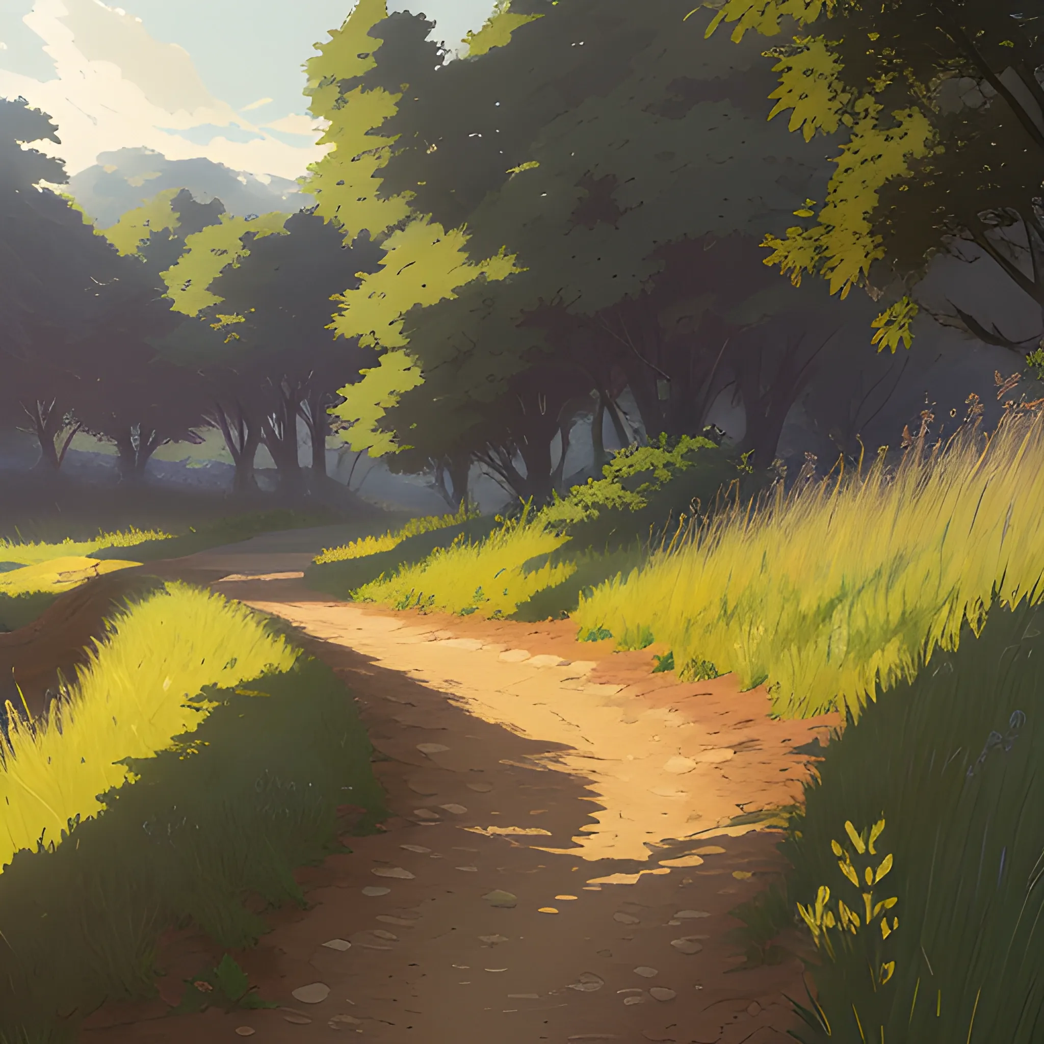 a dirt path with grasses and fooliage... in the style of makoto shinkai and greg rutkowski and albert bierstadt and james gurney, Cartoon