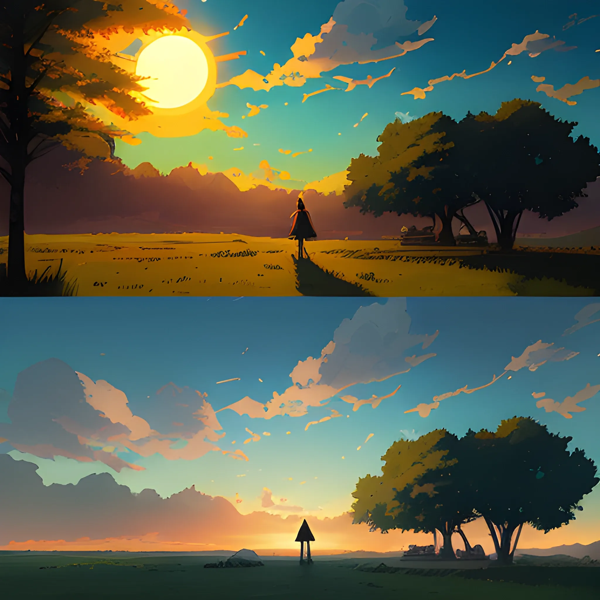 day with sun and sky... in the style of makoto shinkai and greg rutkowski and albert bierstadt and james gurney, Cartoon