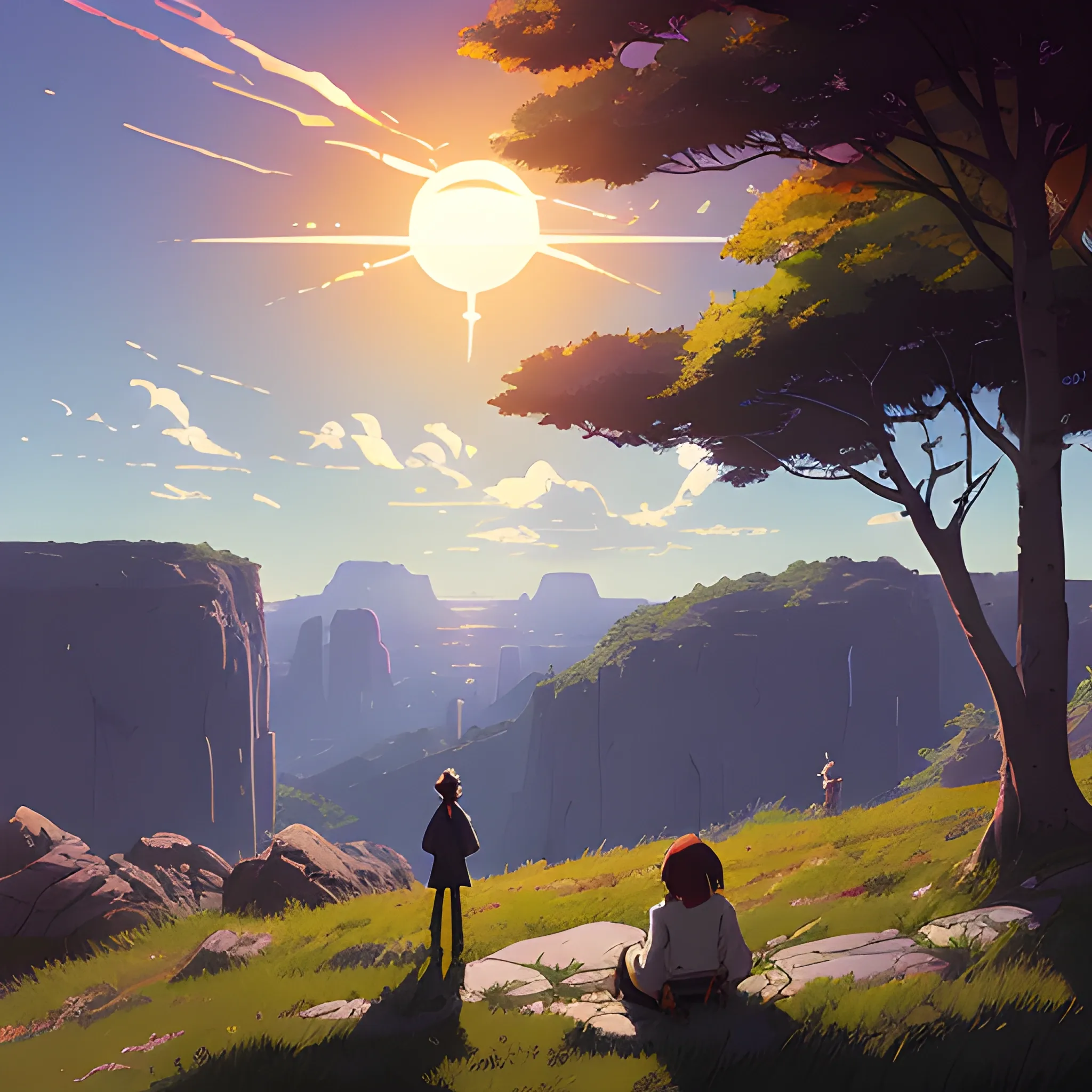 day with sun and sky... in the style of makoto shinkai and greg rutkowski and albert bierstadt and james gurney, Cartoon