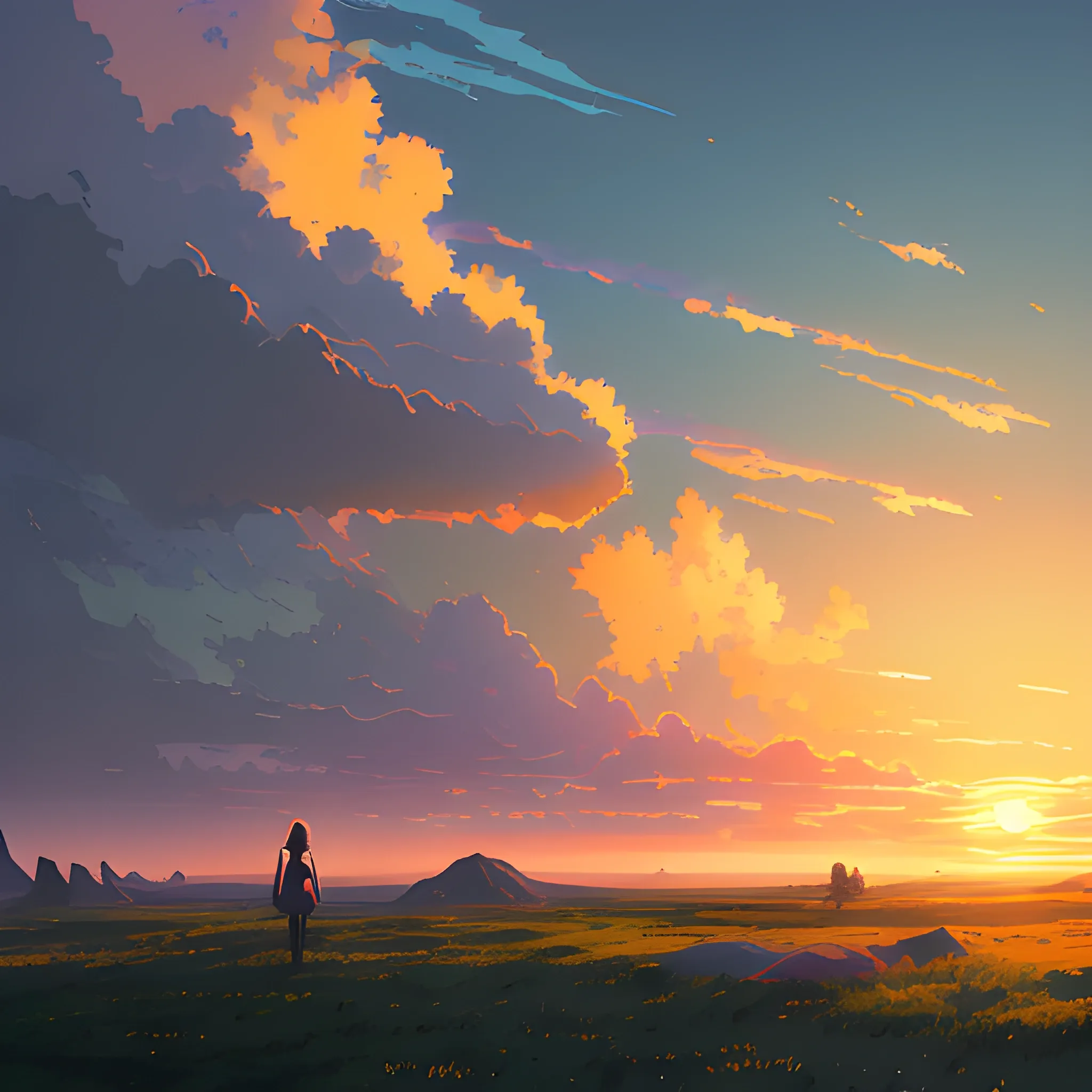 sunrise and sky... in the style of makoto shinkai and greg rutkowski and albert bierstadt and james gurney, Cartoon