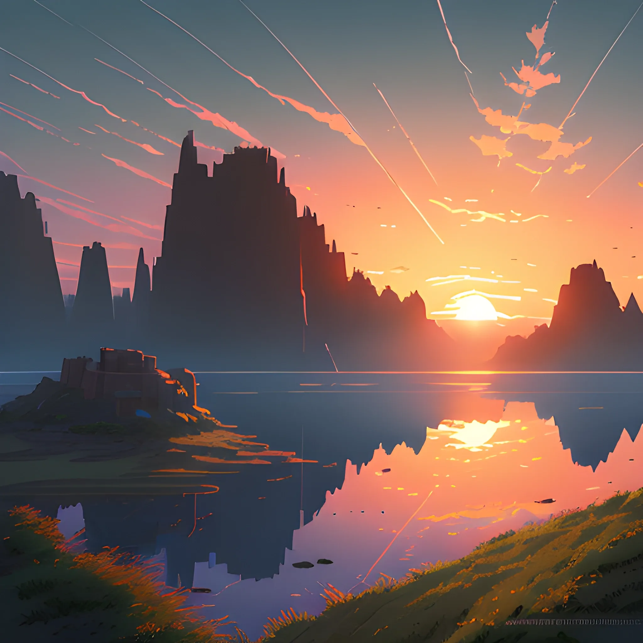 sunrise and sky... in the style of makoto shinkai and greg rutkowski and albert bierstadt and james gurney, Cartoon