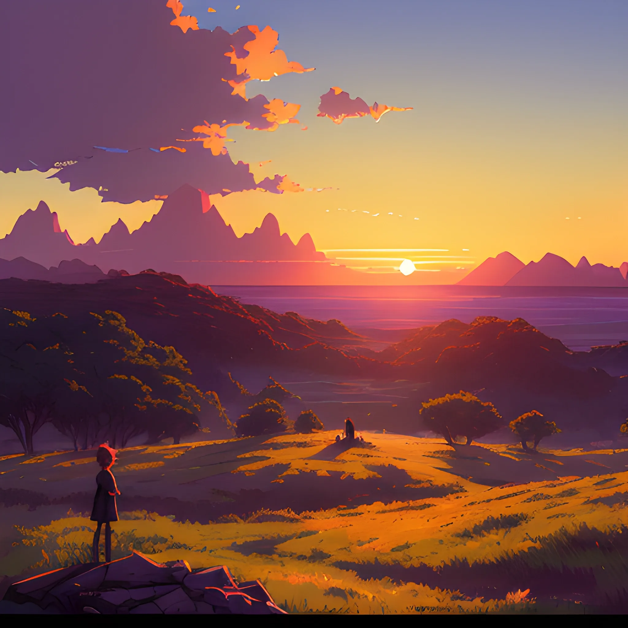 sunrise and sky... in the style of makoto shinkai and greg rutkowski and albert bierstadt and james gurney, Cartoon