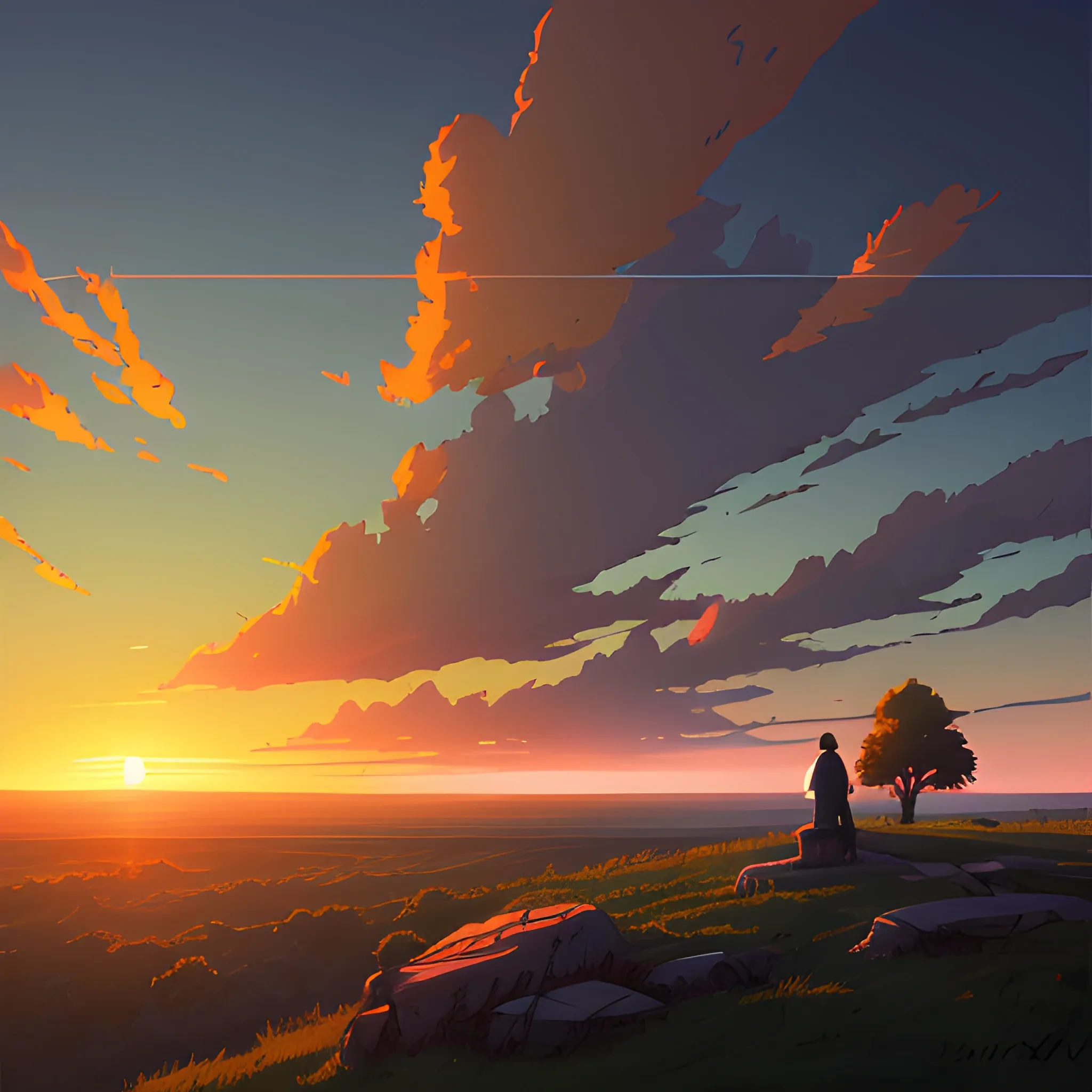 sunrise and sky... in the style of makoto shinkai and greg rutkowski and albert bierstadt and james gurney, Cartoon