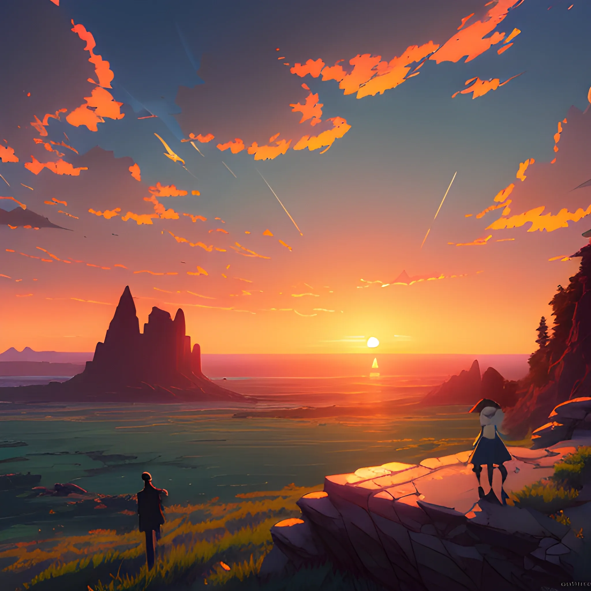 sunrise and sky... in the style of makoto shinkai and greg rutkowski and albert bierstadt and james gurney, Cartoon