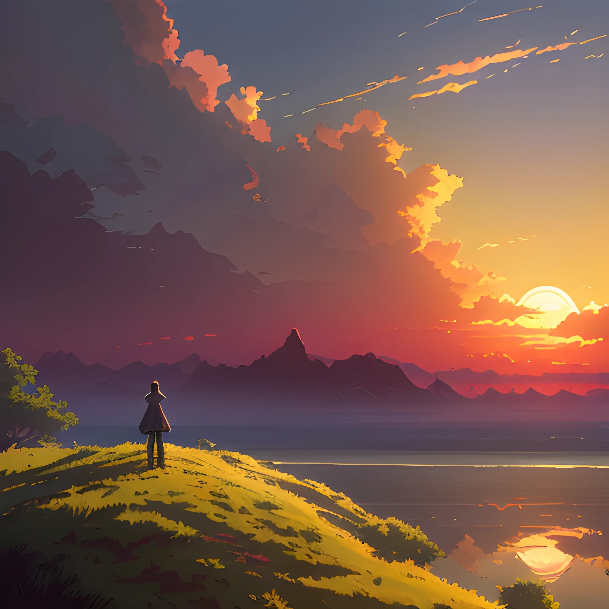 sunrise and sky... in the style of makoto shinkai and greg rutkowski and albert bierstadt and james gurney, Cartoon