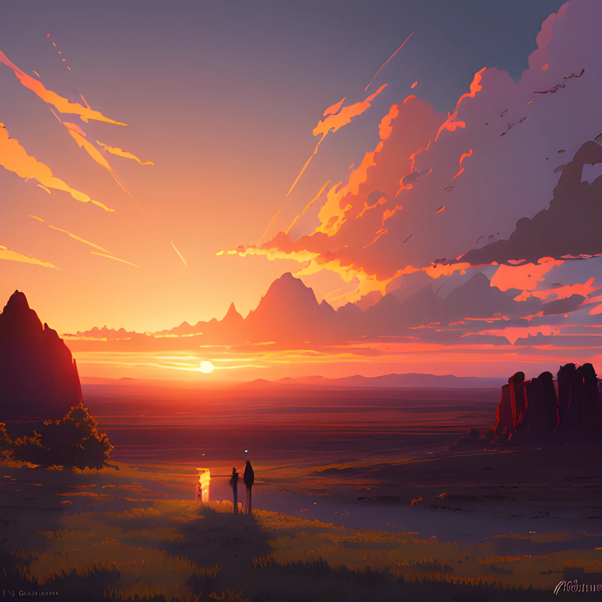 sunrise and sky... in the style of makoto shinkai and greg rutkowski and albert bierstadt and james gurney, Cartoon