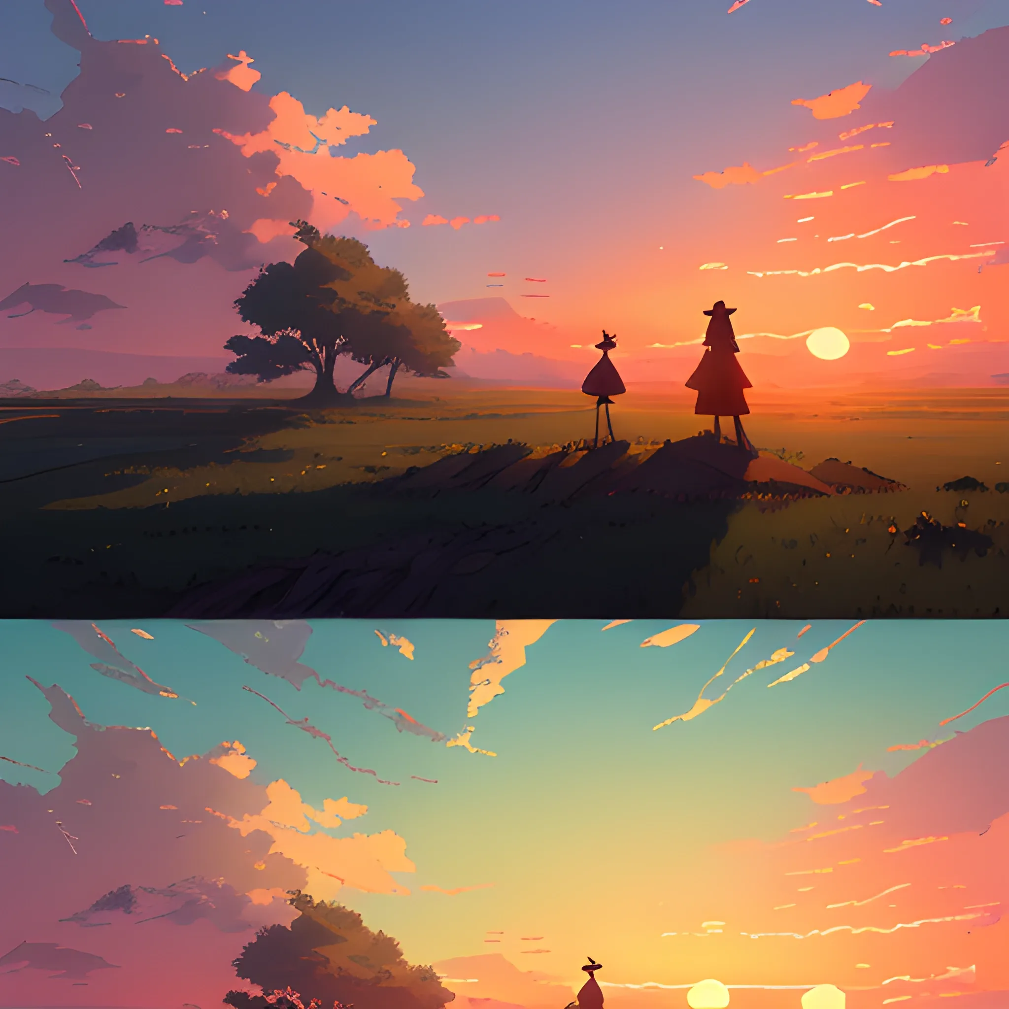 sunrise and sky... in the style of makoto shinkai and greg rutkowski and albert bierstadt and james gurney, Cartoon