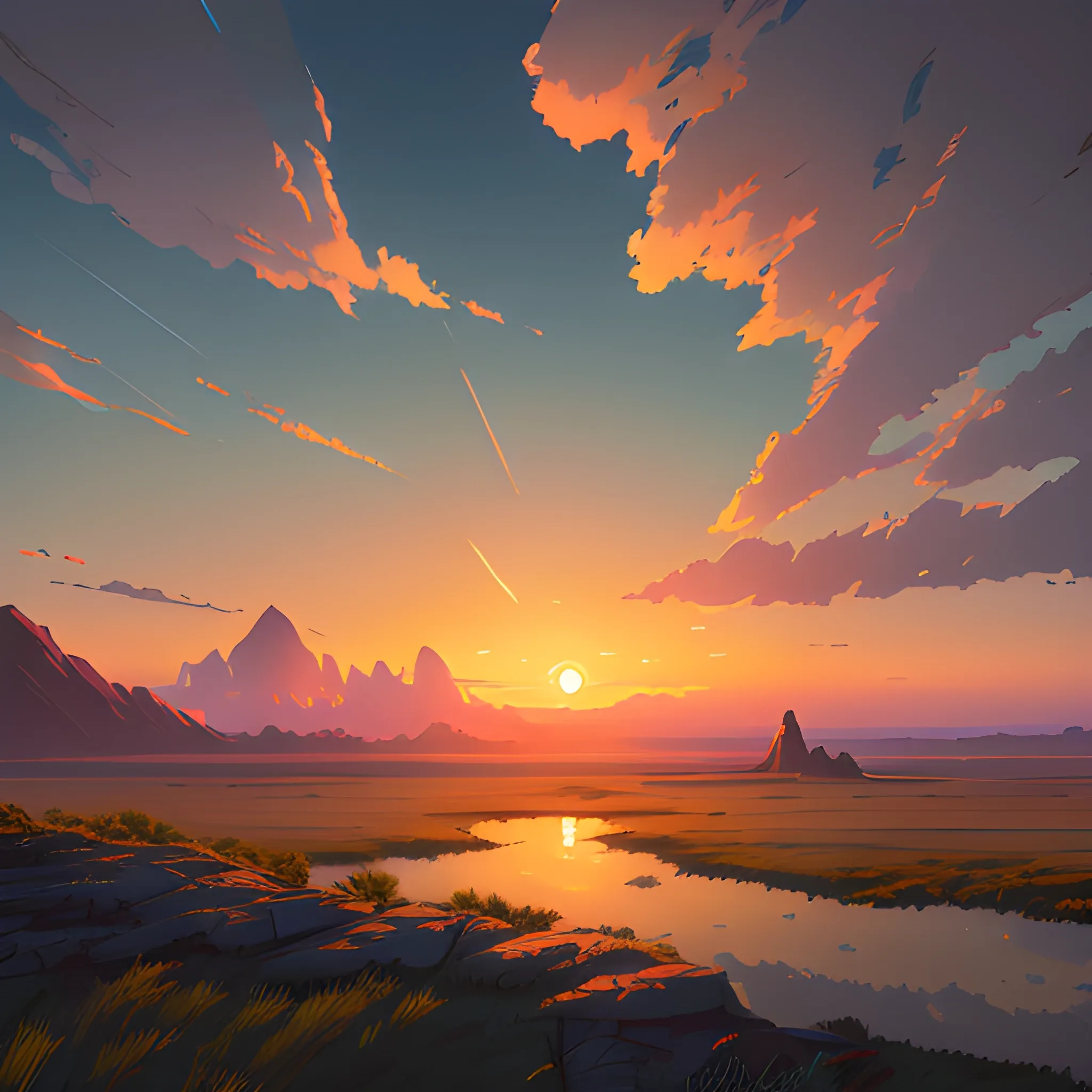 sunrise and sky... in the style of makoto shinkai and greg rutkowski and albert bierstadt and james gurney, Cartoon