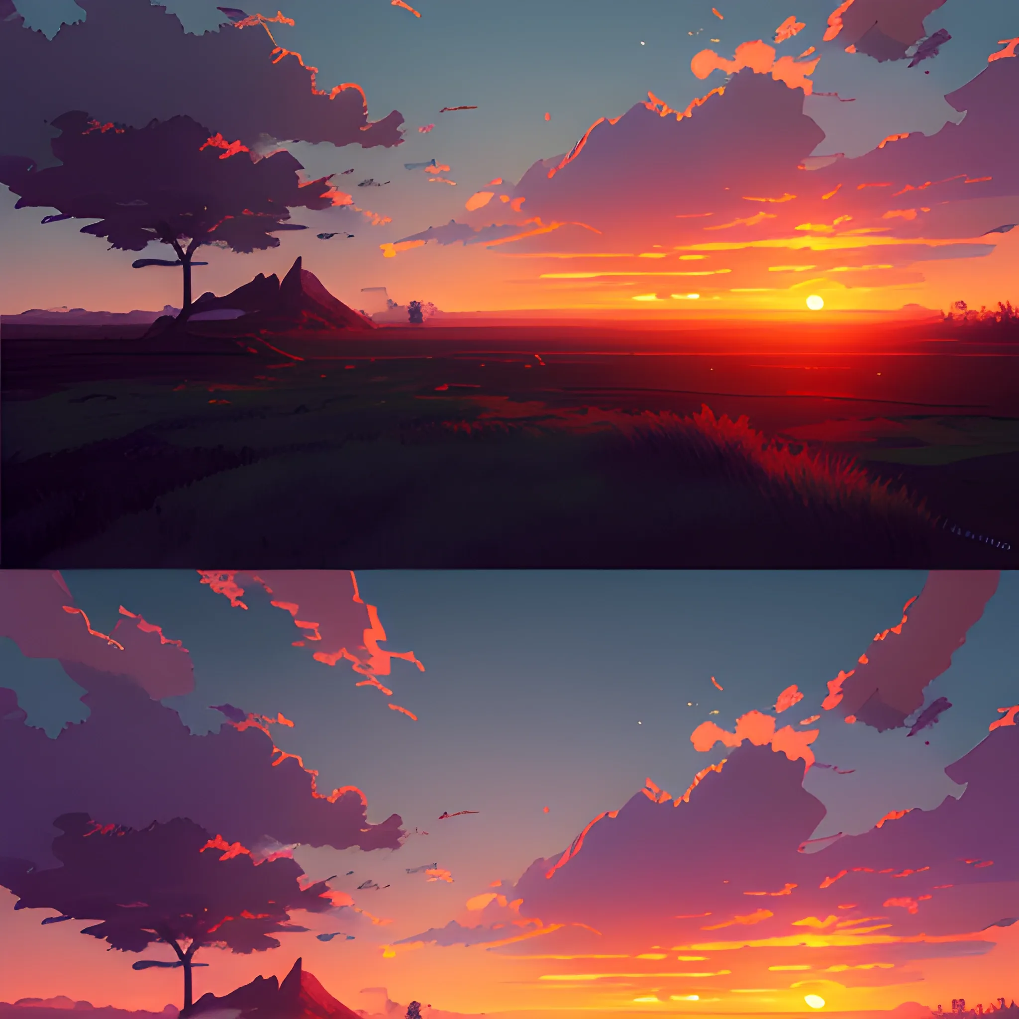 sunrise and sky... in the style of makoto shinkai and greg rutkowski and albert bierstadt and james gurney, Cartoon