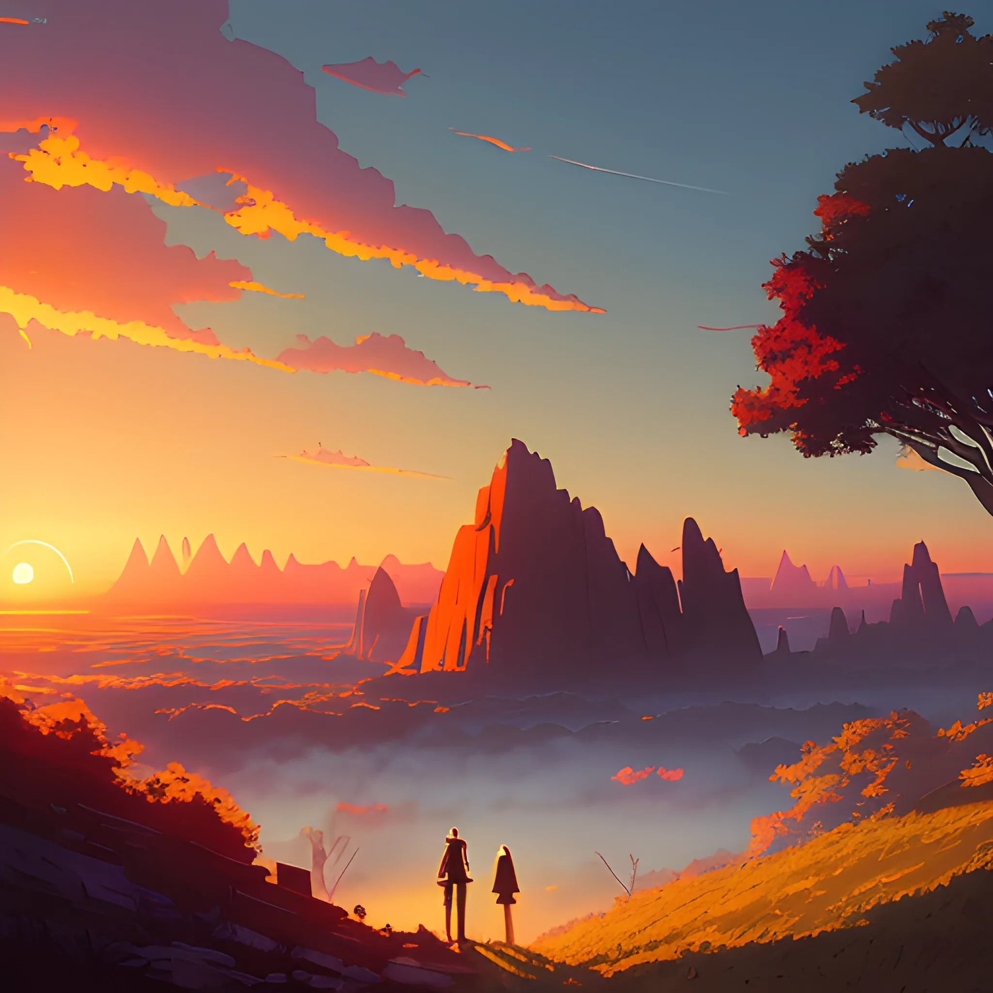 sunrise and sky... in the style of makoto shinkai and greg rutkowski and albert bierstadt and james gurney, Cartoon