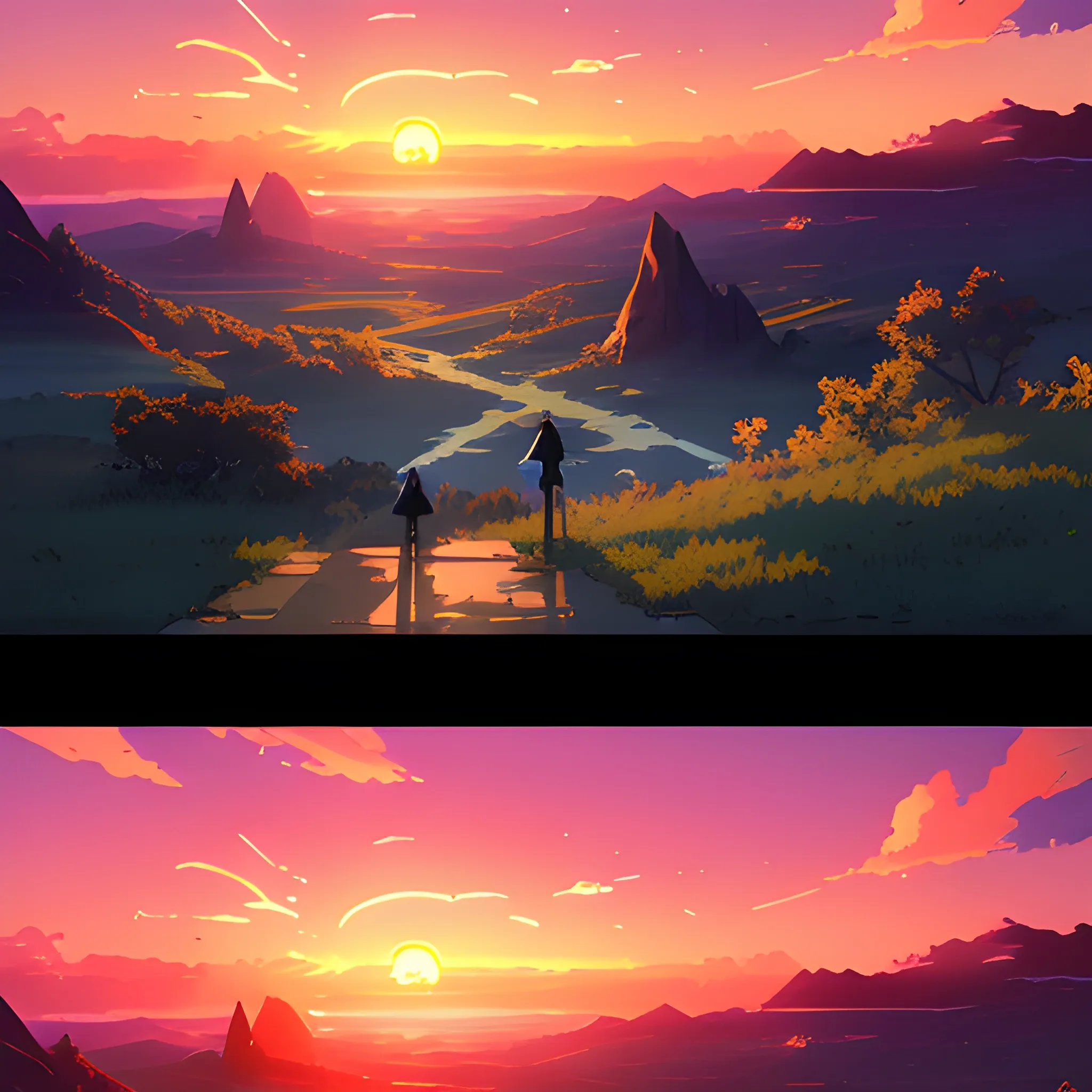 sunrise and sky... in the style of makoto shinkai and greg rutkowski and albert bierstadt and james gurney, Cartoon