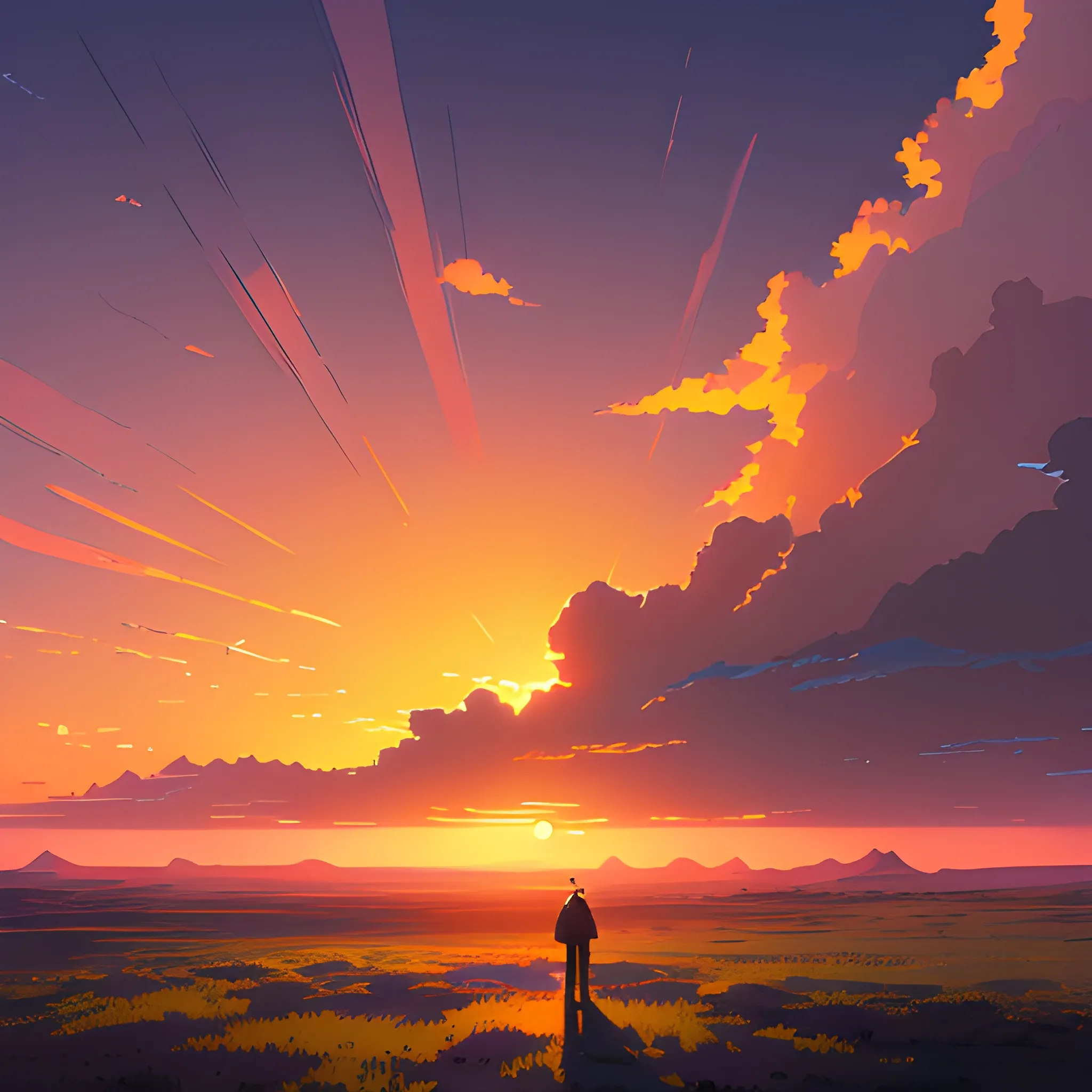 sunrise and sky... in the style of makoto shinkai and greg rutkowski and albert bierstadt and james gurney, Cartoon