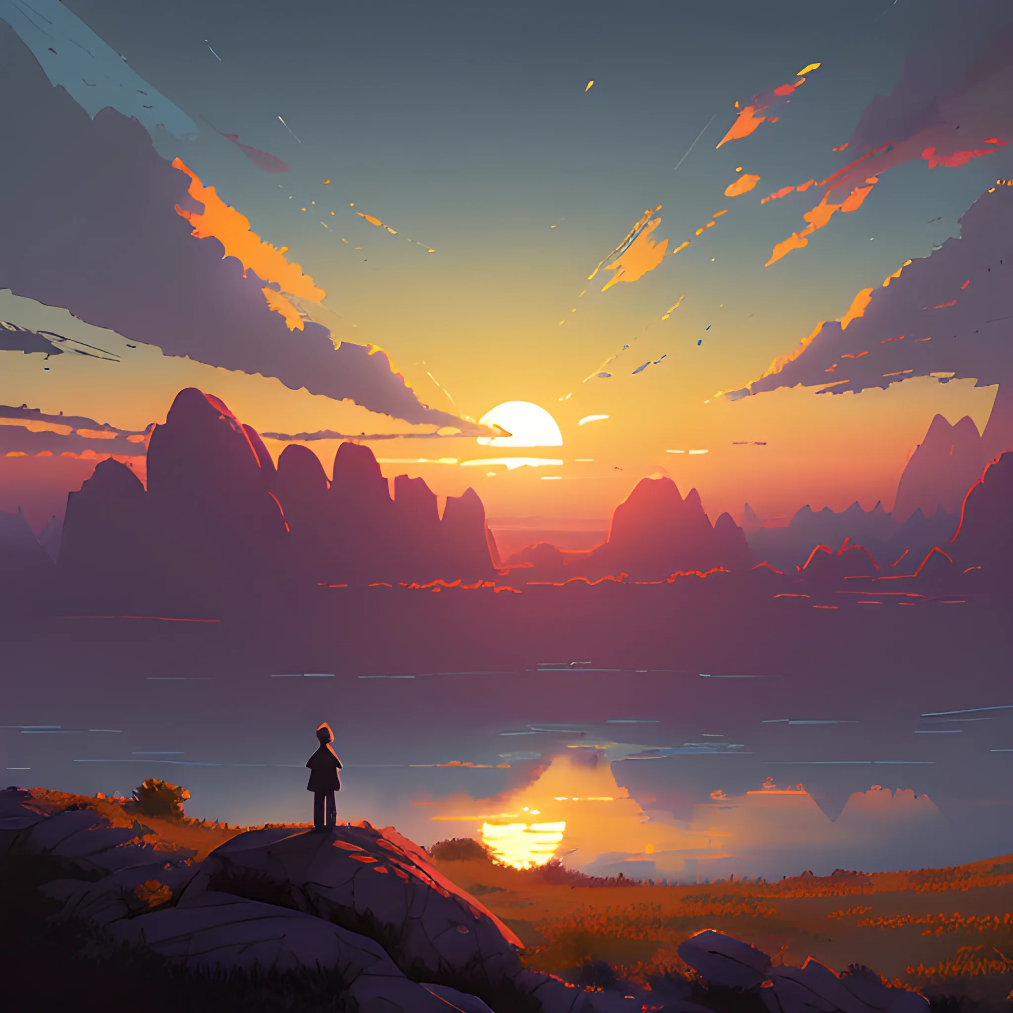 sunrise and sky... in the style of makoto shinkai and greg rutkowski and albert bierstadt and james gurney, Cartoon