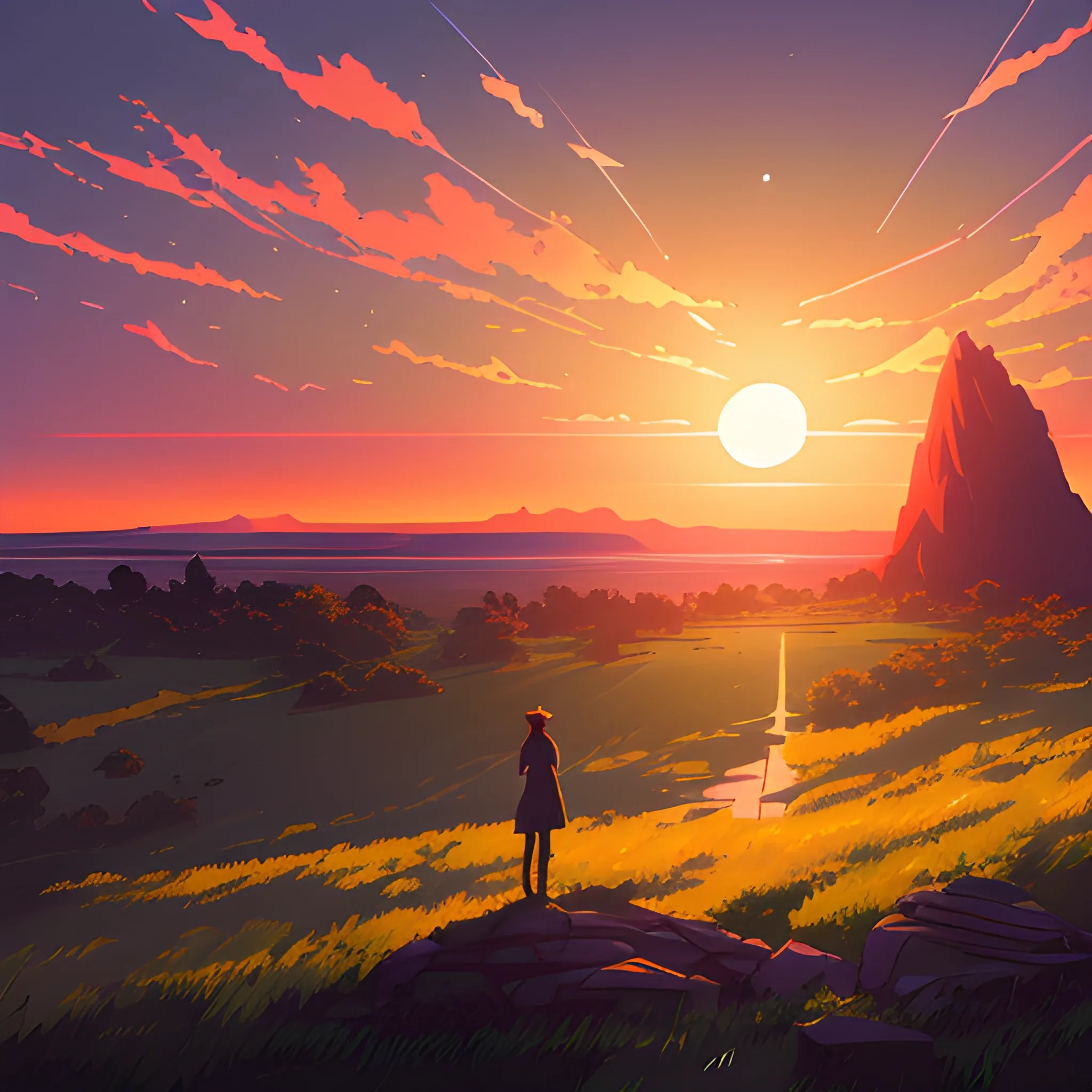 sunset and sky... in the style of makoto shinkai and greg rutkowski and albert bierstadt and james gurney, Cartoon