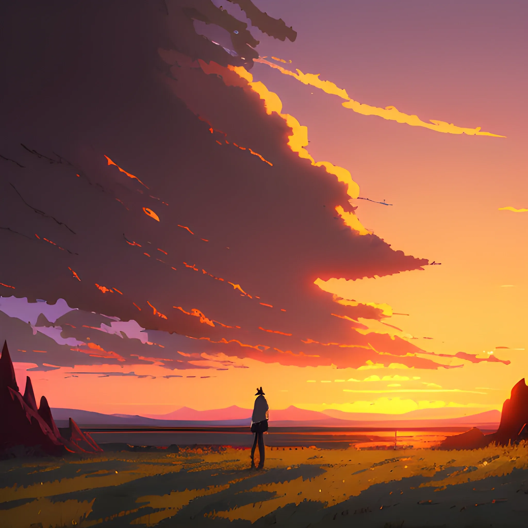 sunset and sky... in the style of makoto shinkai and greg rutkowski and albert bierstadt and james gurney, Cartoon