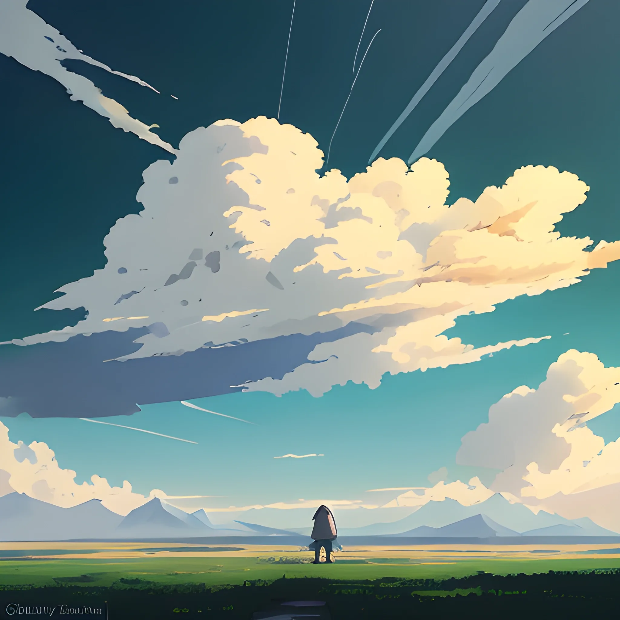 sky with cloud... in the style of makoto shinkai and greg rutkowski and albert bierstadt and james gurney, Cartoon