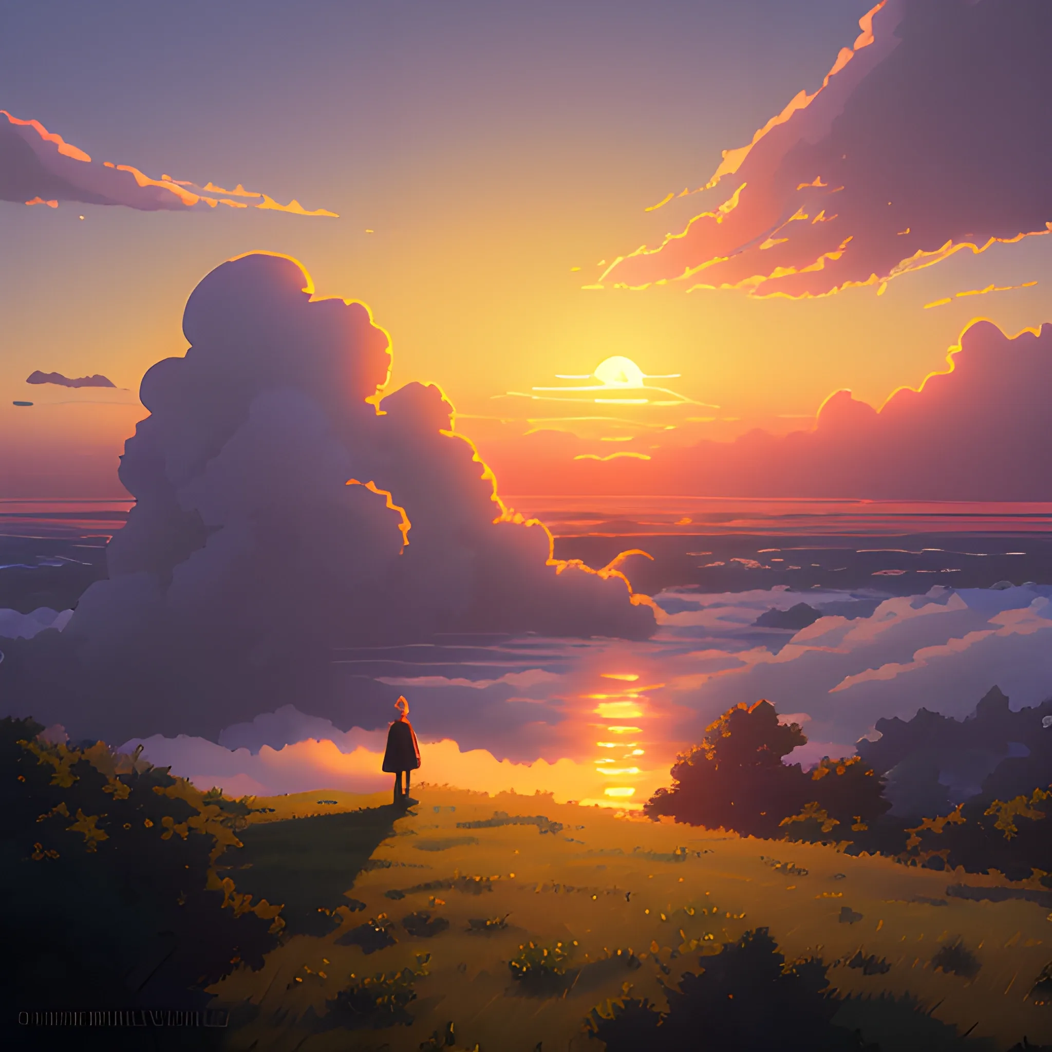 sunrise with cloud... in the style of makoto shinkai and greg rutkowski and albert bierstadt and james gurney, Cartoon