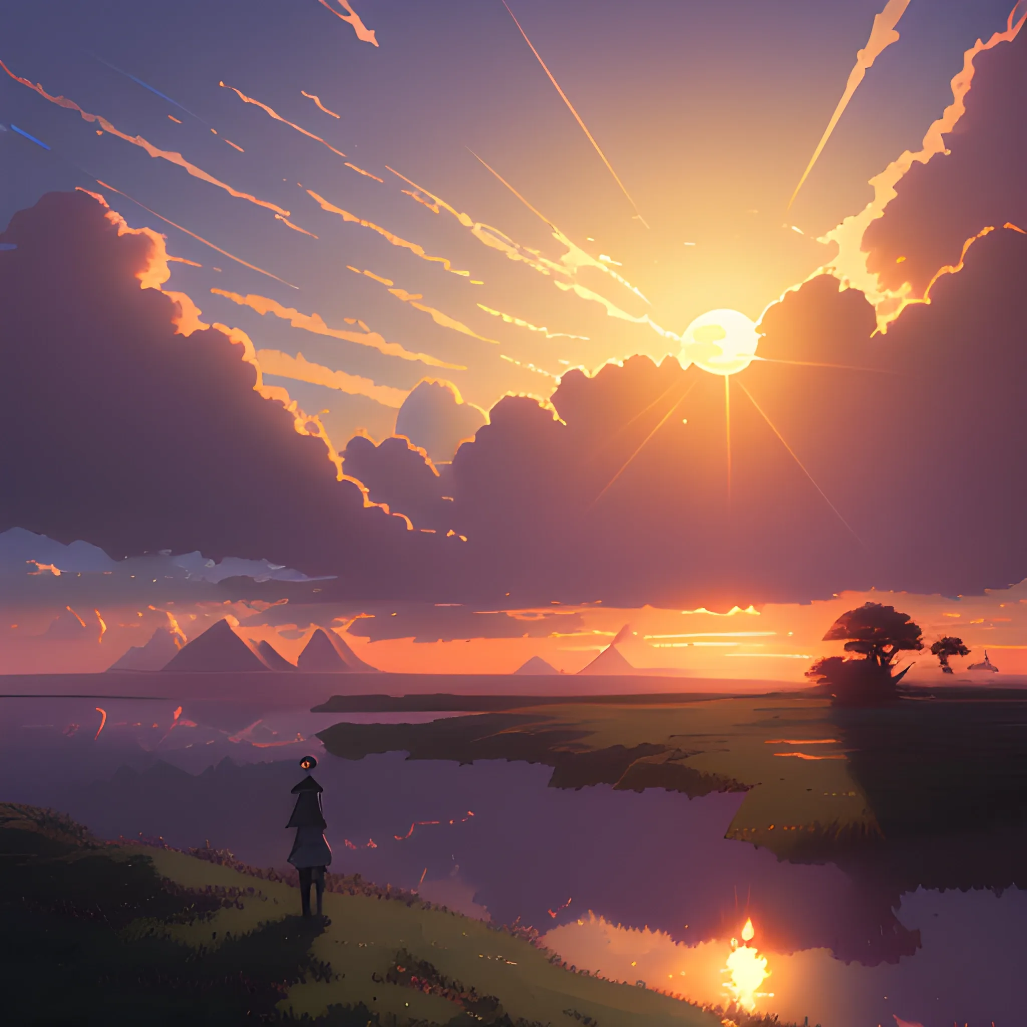 sunrise with cloud... in the style of makoto shinkai and greg rutkowski and albert bierstadt and james gurney, Cartoon