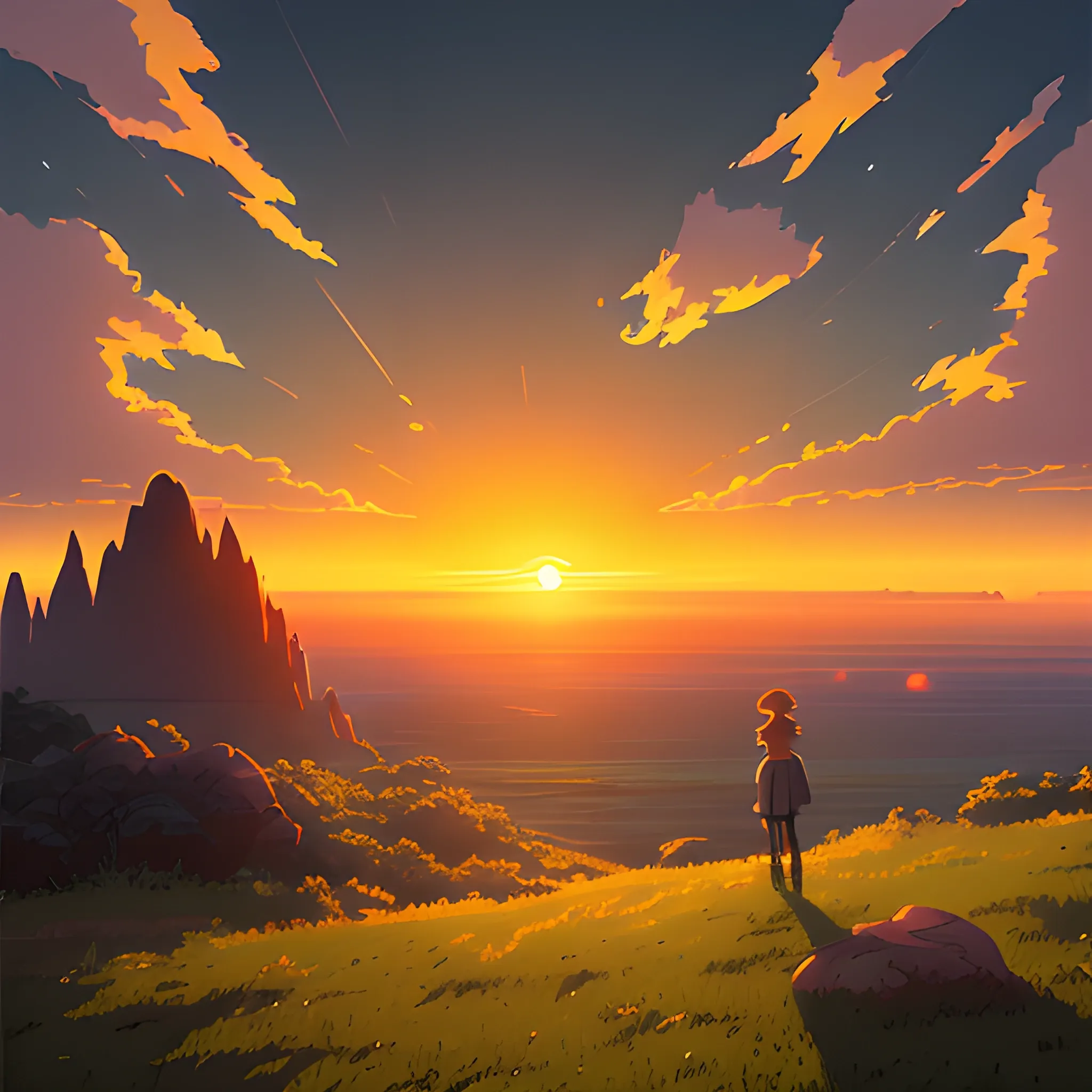 sunrise with cloud... in the style of makoto shinkai and greg rutkowski and albert bierstadt and james gurney, Cartoon