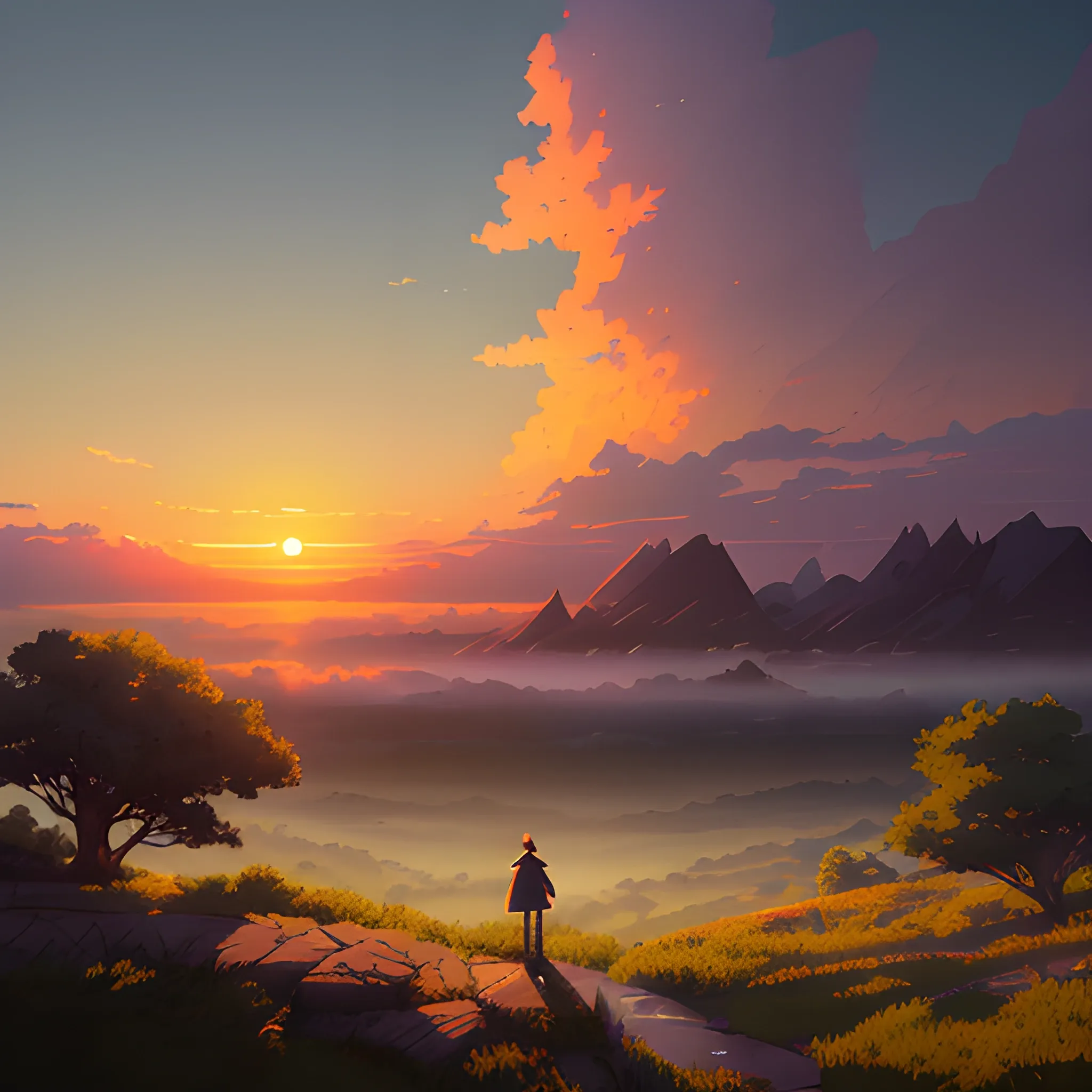 sunrise with cloud... in the style of makoto shinkai and greg rutkowski and albert bierstadt and james gurney, Cartoon