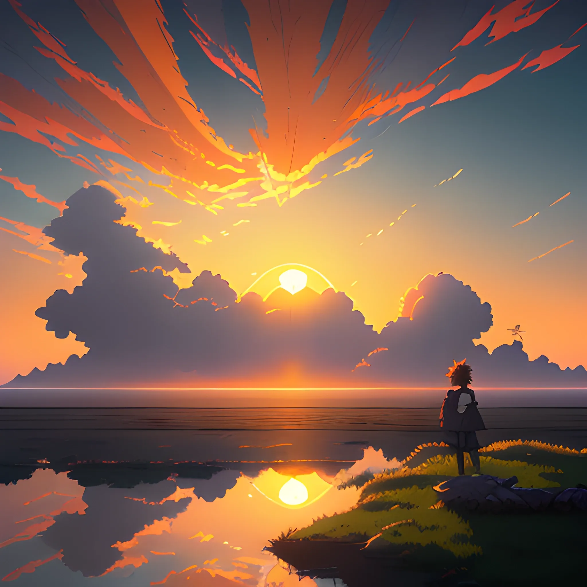 sunrise with cloud... in the style of makoto shinkai and greg rutkowski and albert bierstadt and james gurney, Cartoon