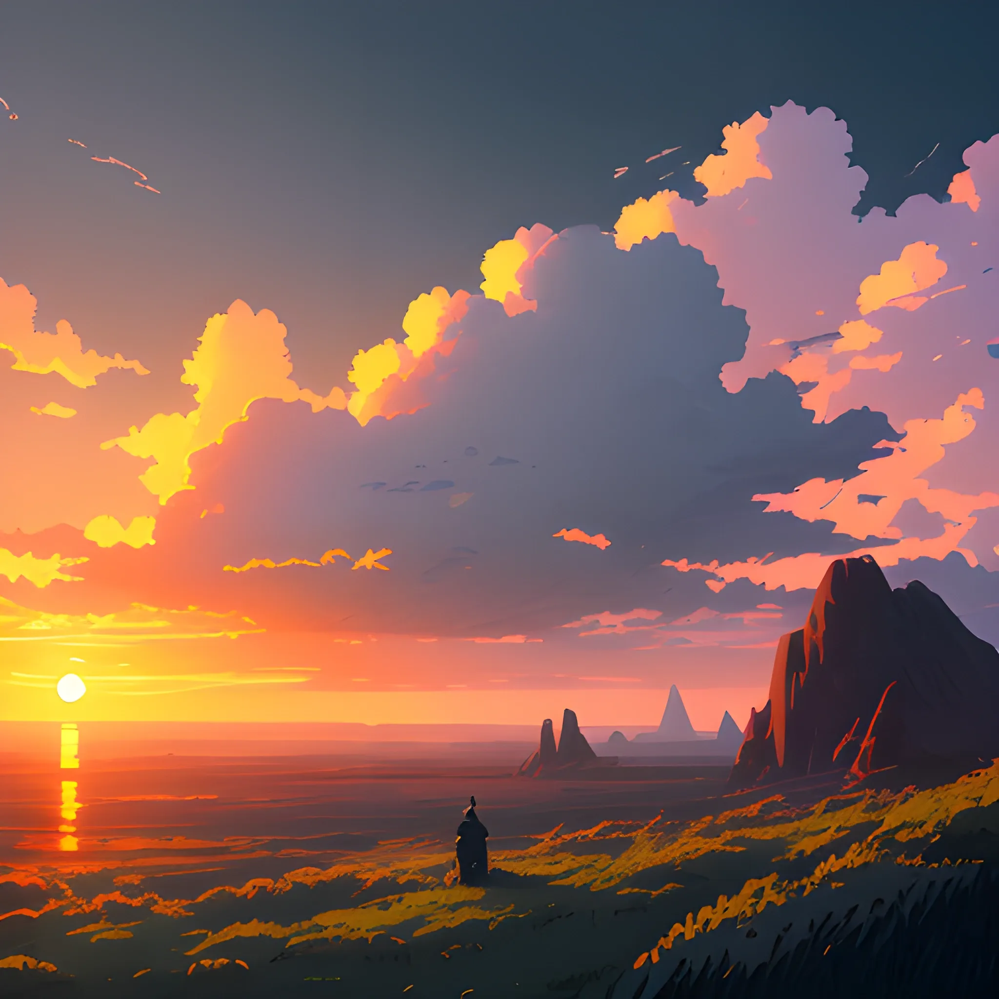 sunrise with cloud... in the style of makoto shinkai and greg rutkowski and albert bierstadt and james gurney, Cartoon