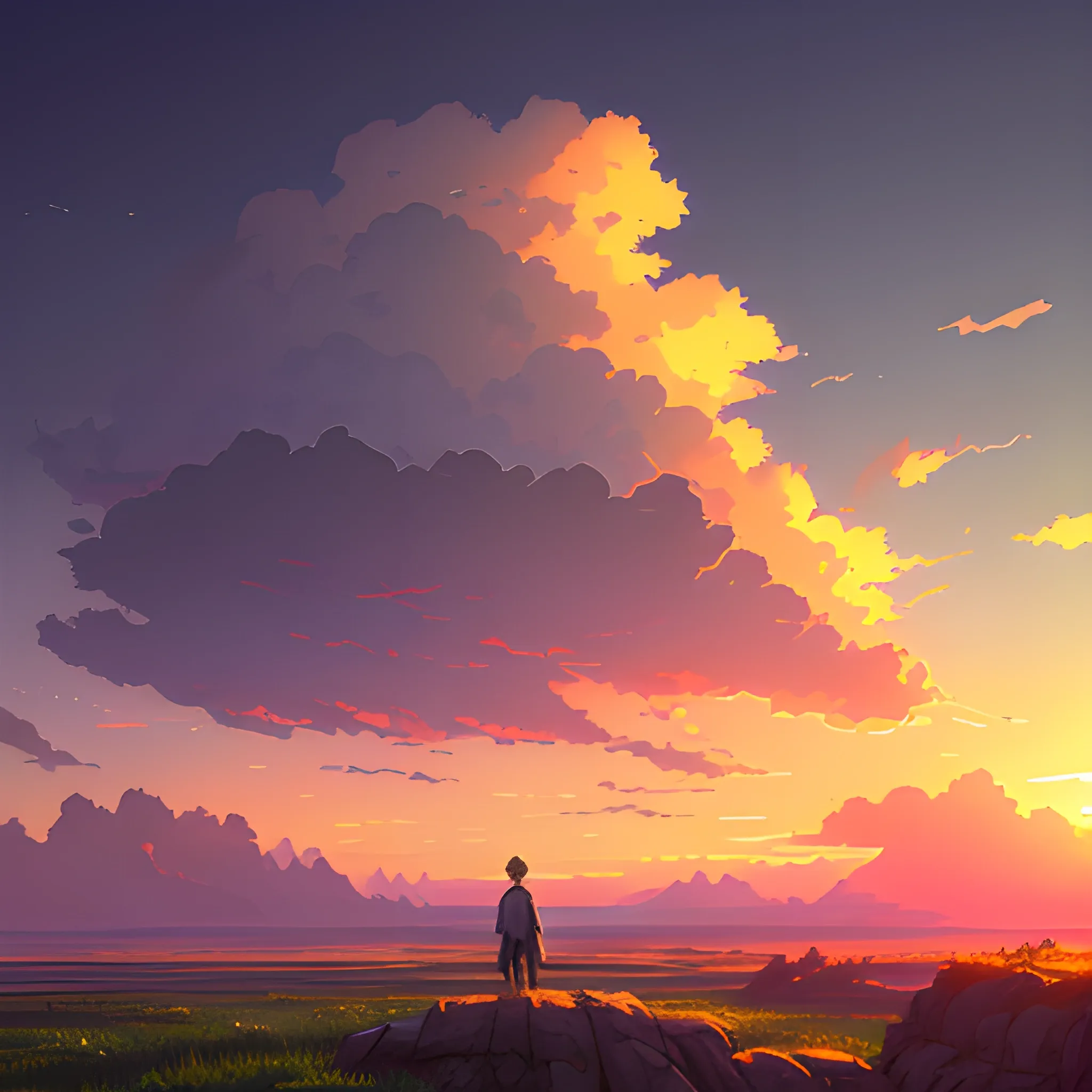 sunrise with cloud... in the style of makoto shinkai and greg rutkowski and albert bierstadt and james gurney, Cartoon