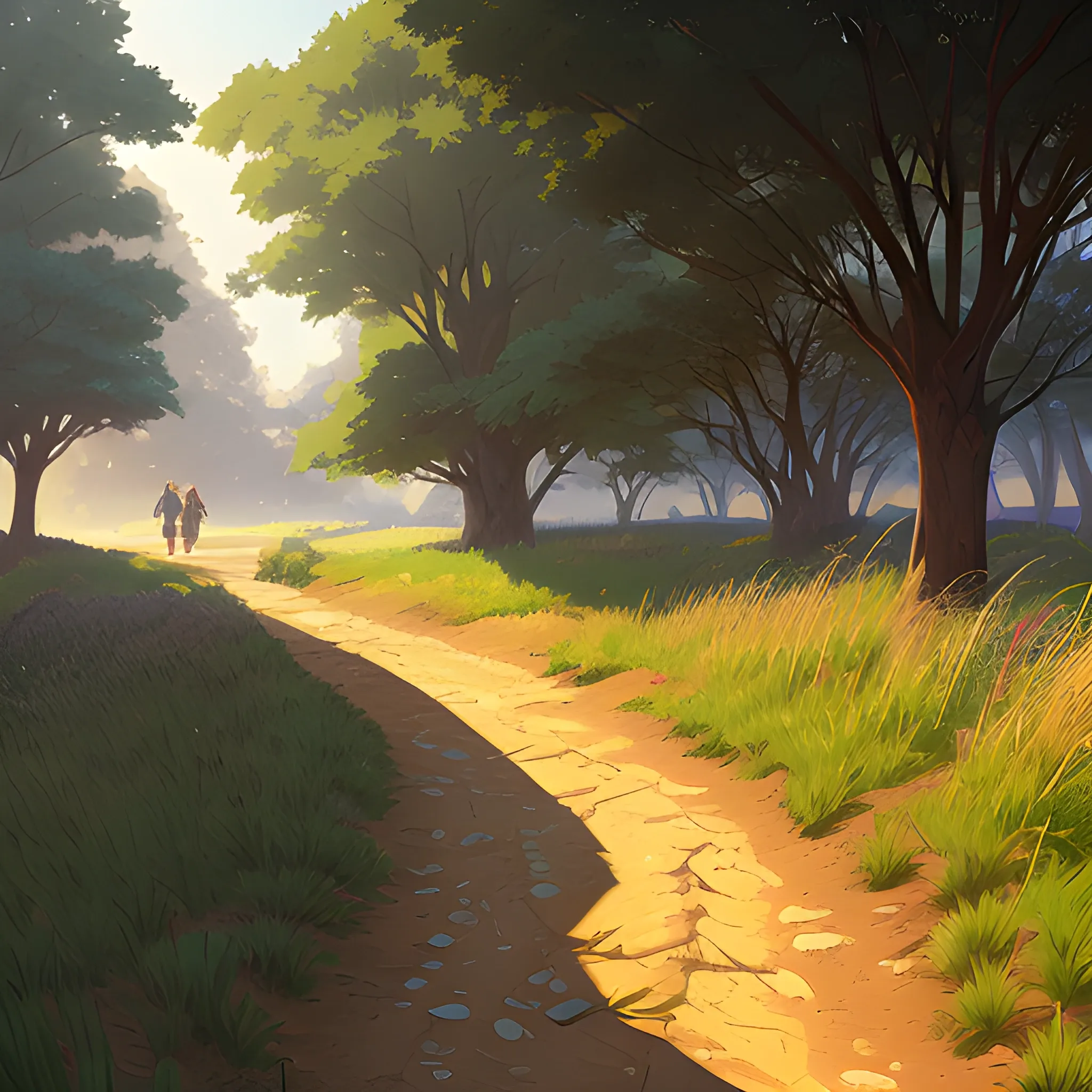 a dirt path with grasses and fooliage... in the style of makoto shinkai and greg rutkowski and albert bierstadt and james gurney, Cartoon