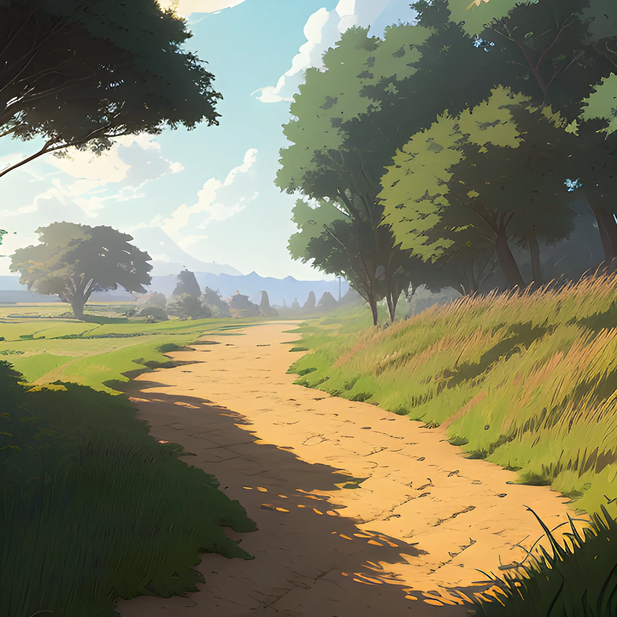 a dirt path with grasses and fooliage... in the style of makoto shinkai and greg rutkowski and albert bierstadt and james gurney, Cartoon