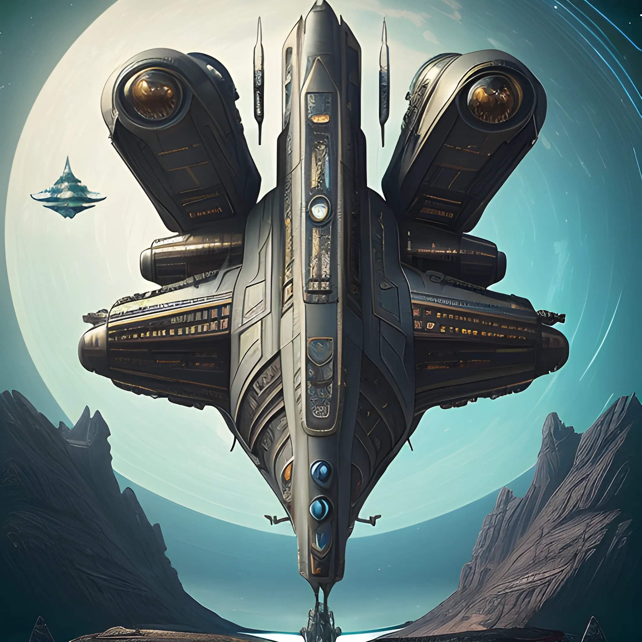 In this awe-inspiring blend of steampunk-inspired and futuristic elements, a unique starship takes center stage, designed by the genius imaginations of Mary Shelley & Tim Burton, & Ridley Scott. The starship is an amalgamation of iconic vehicles from different eras, including a 1980 Lamborghini, a 1960s Shelby Mustang, and a 1974 Winnebago. The ship's journey through the vast expanse near a Saturn-Earth-esque planet is brought to life in stunning 750k UHD.The intricate motherboard forms the backbone of the vessel, culminating in an imposing, frightful, & creepy Bengal Tiger's head is carved into the front. The ship's powerful artillery is visible in the background, while blue crystal diamond tiger tail shaped nacelles adorn the rear. This captivating artwork seamlessly blends steampunk elements and futuristic starship designs., illustration, fashion, anime, vibrant, graffiti, photo, architecture, painting, portrait photography, conceptual art, 3d render, poster, cinematic, wildlife photography, typography, ukiyo-e, dark fantasy, product.In this awe-inspiring blend of steampunk-inspired and futuristic elements, a unique starship takes center stage, designed by the genius imaginations of Mary Shelley & & Ridley Scott. The starship is an amalgamation of iconic vehicles from different eras, including a 1980 USA Submarine, a 1960s Shelby Mustang, and a 1974 Winnebago. The ship's journey through the vast expanse near a Saturn-Earth-esque planet is brought to life in stunning 750k UHD.The intricate motherboard forms the backbone of the vessel, culminating in an imposing, frightful, & creepy Bengal Tiger's head is carved into the front. The ship's powerful artillery is visible in the background, while blue crystal diamond tiger tail shaped nacelles adorn the rear. This captivating artwork seamlessly blends steampunk elements and futuristic starship designs., illustration, fashion, anime, vibrant, graffiti, photo, architecture, painting, portrait photography, conceptual art, 3d render, poster, cinematic, wildlife photography, typography, ukiyo-e, dark fantasy, product.