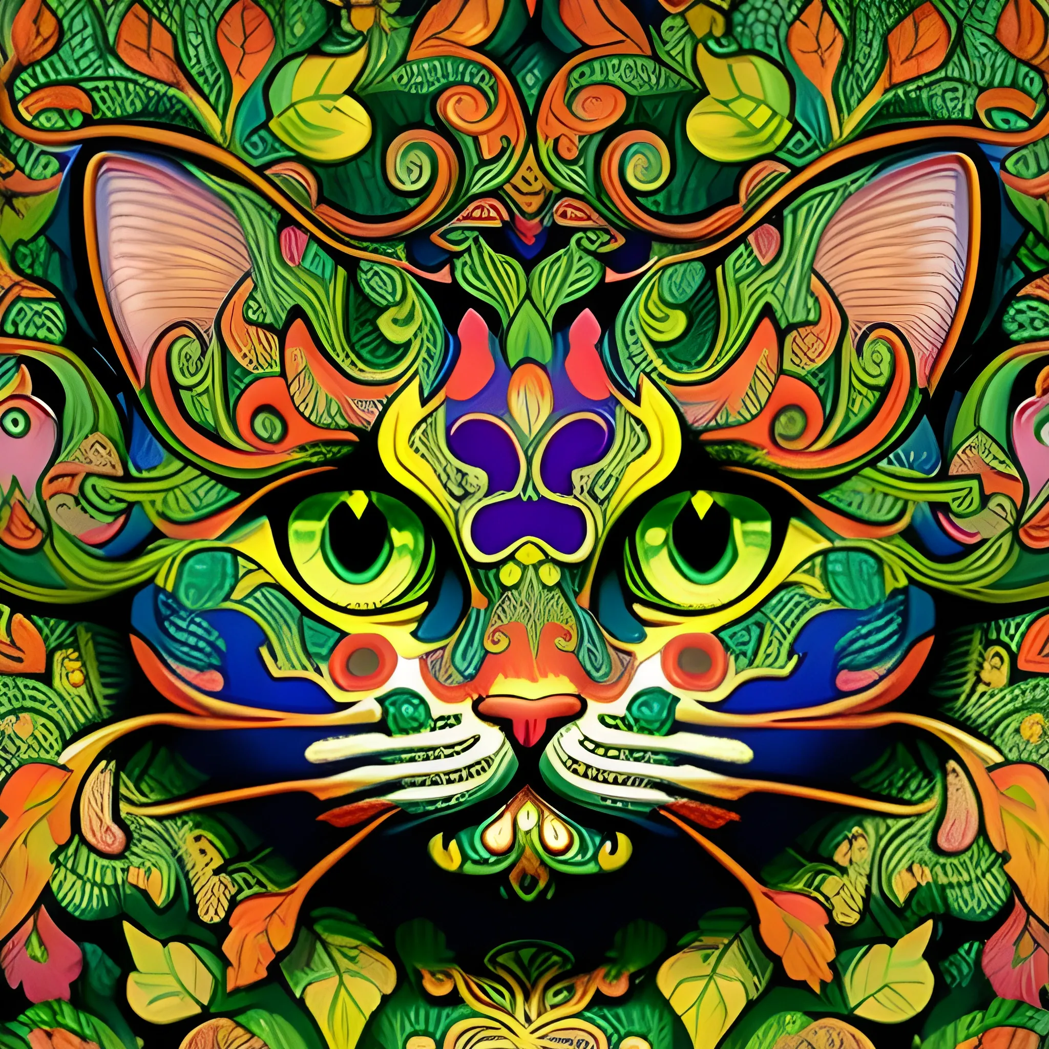 colourful ornate decorative green man as a cat face by louis wain and william morris, closeup, twisting leaves, abstract psychedelic, 8 k, artstation