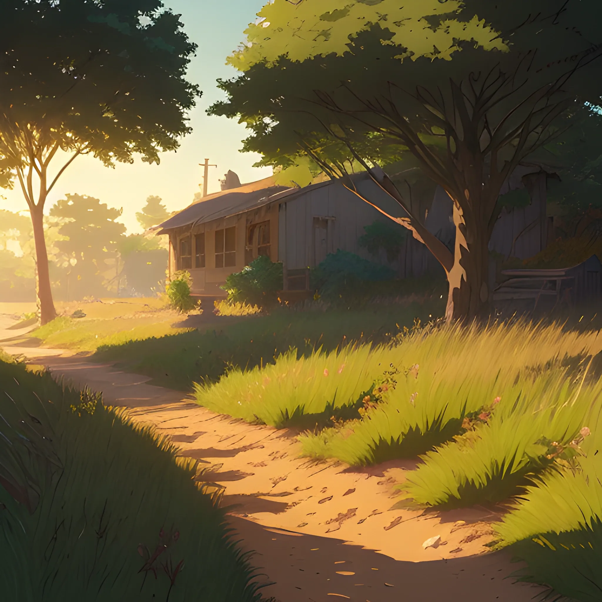 a dirt path with grasses and fooliage... in the style of makoto shinkai and greg rutkowski and albert bierstadt and james gurney, Cartoon