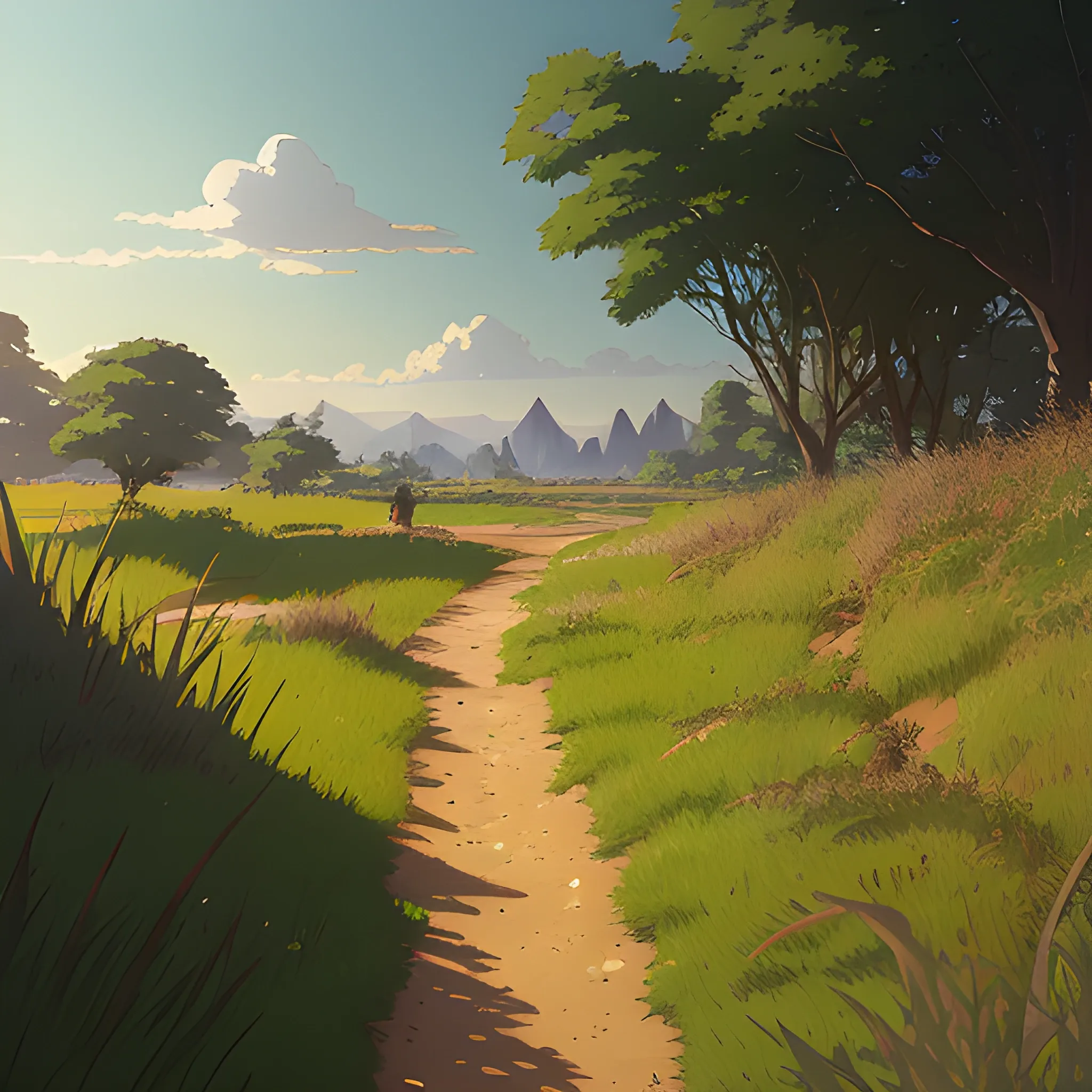 a dirt path with grasses and fooliage... in the style of makoto shinkai and greg rutkowski and albert bierstadt and james gurney, Cartoon